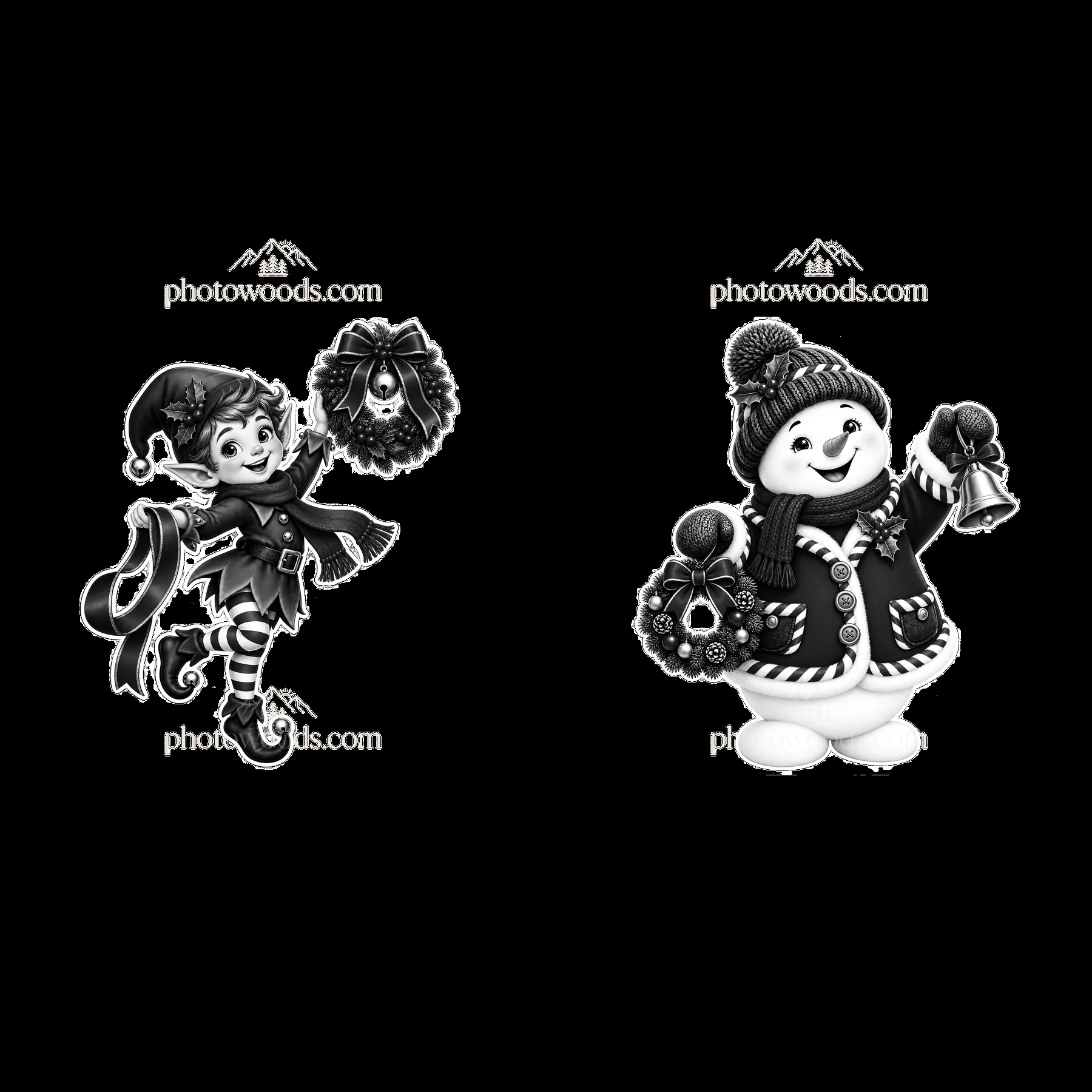 Christmas elf and snowman holding wreaths in black and white - AI-generated stock image