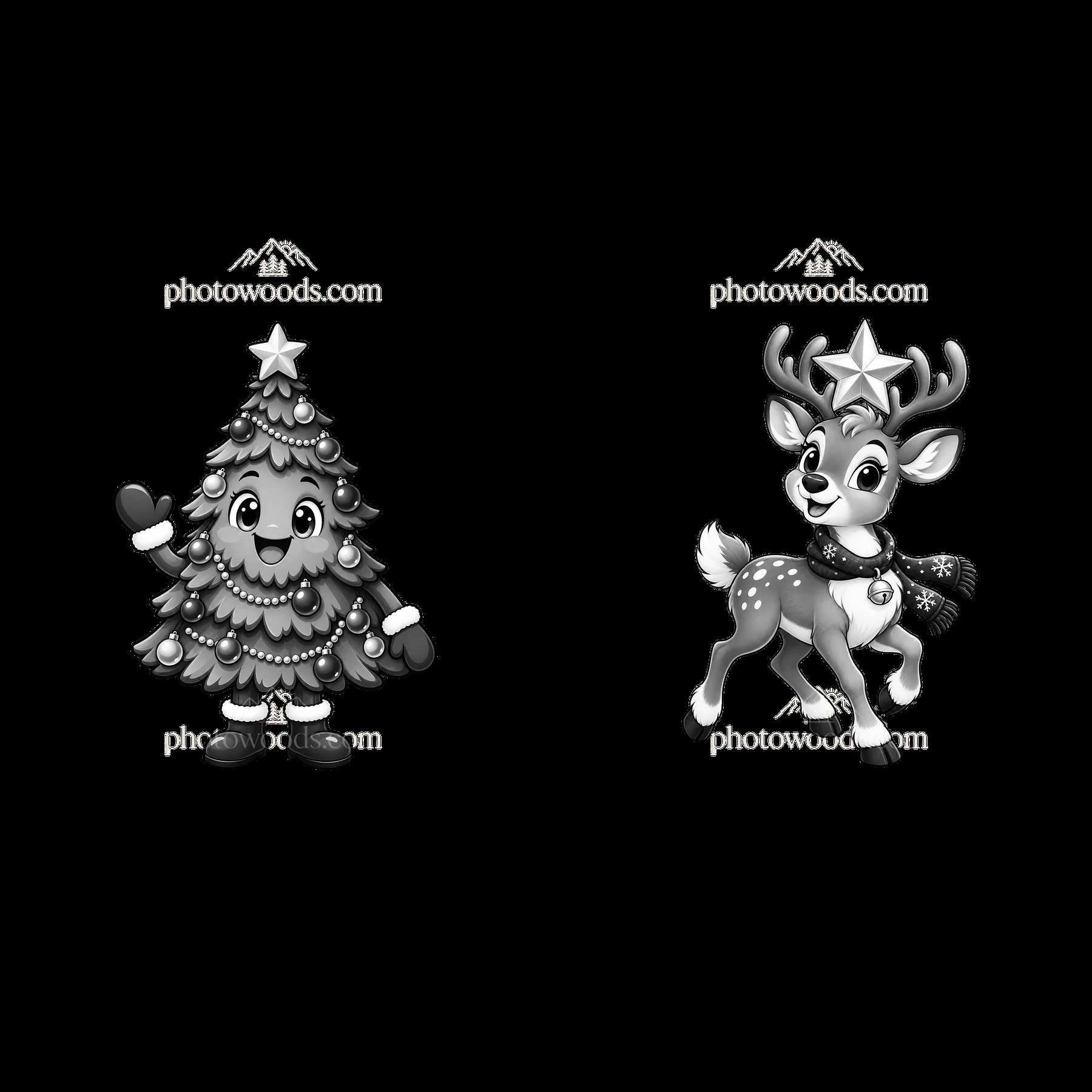 Cartoon Christmas tree and reindeer with festive accessories - AI-generated stock image