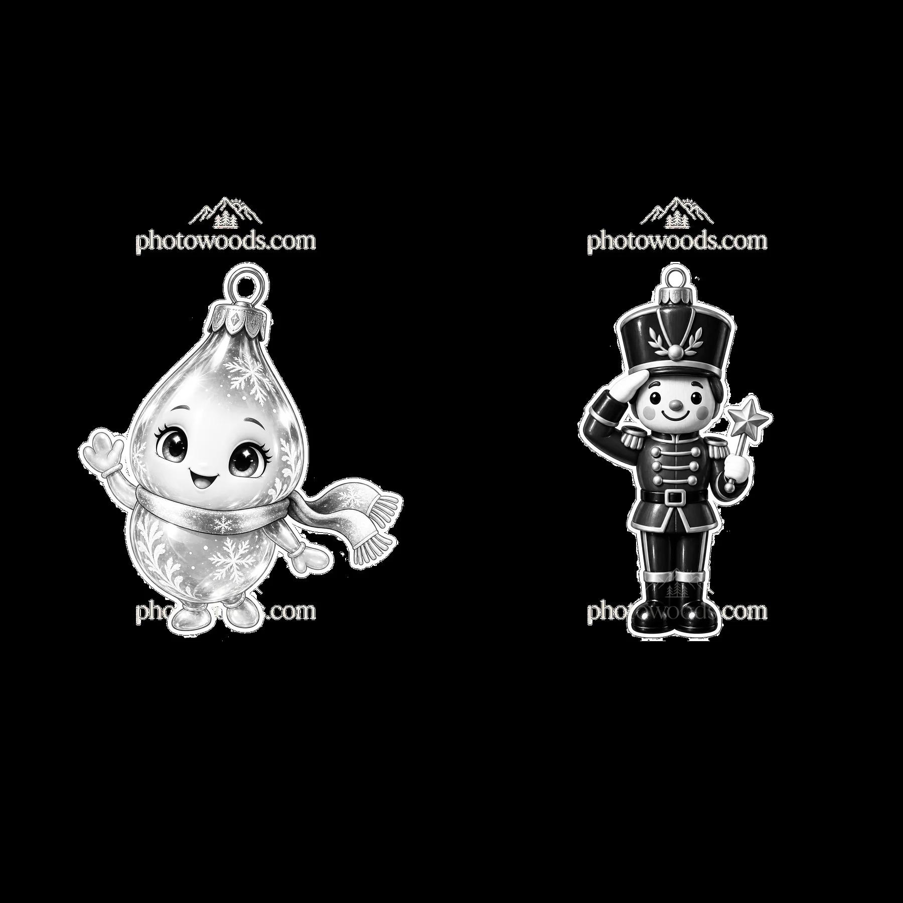 Cartoon Christmas ornaments with a snowman and a soldier figure - AI-generated stock image