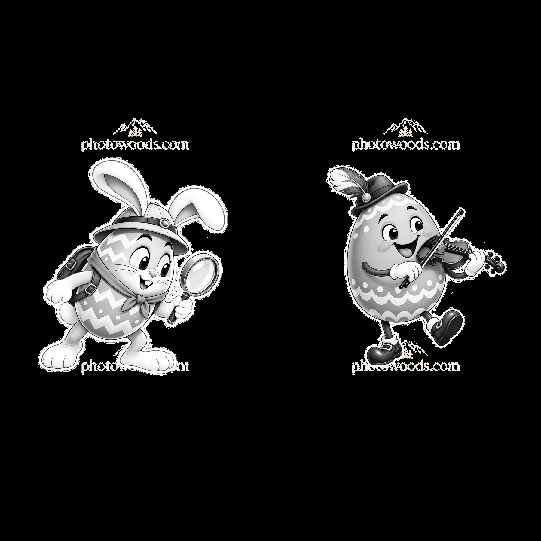 Easter bunny detective with magnifying glass and musical egg - AI-generated stock image