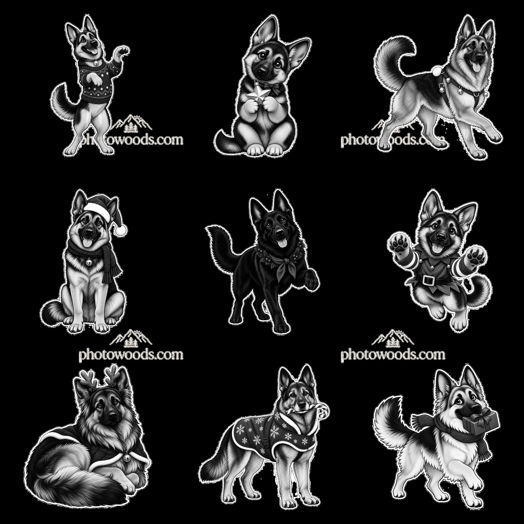 Christmas German Shepherd cartoon stickers in a 3x3 layout - AI-generated stock image