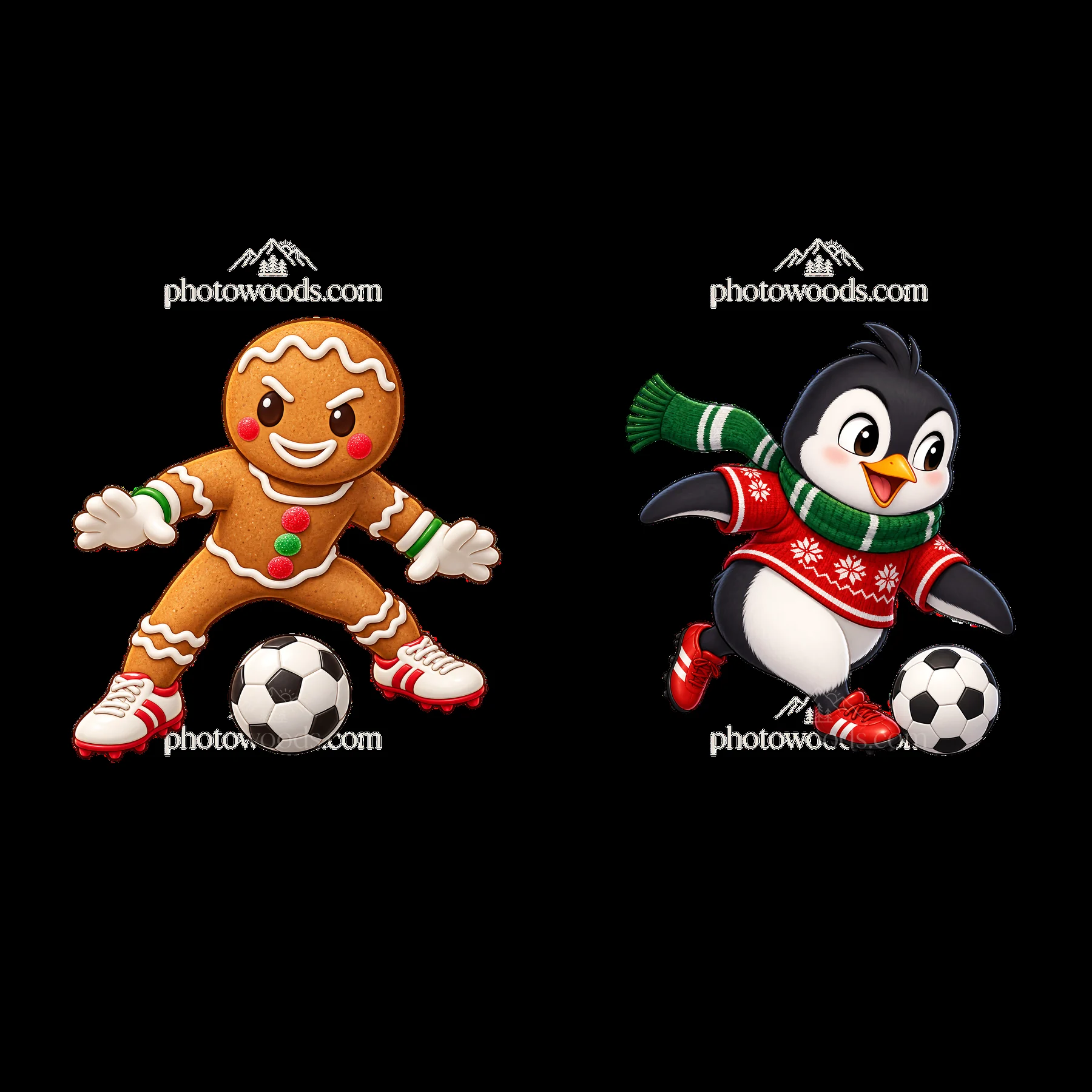 Gingerbread man and penguin playing soccer in Christmas attire - AI-generated stock image