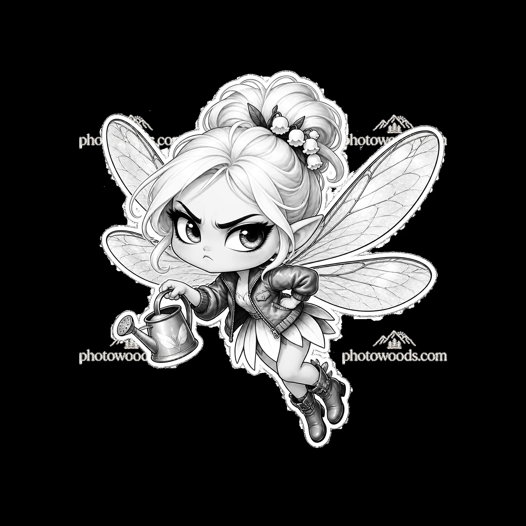 Kawaii grumpy fairy with watering can preparing for gardening - AI-generated stock image
