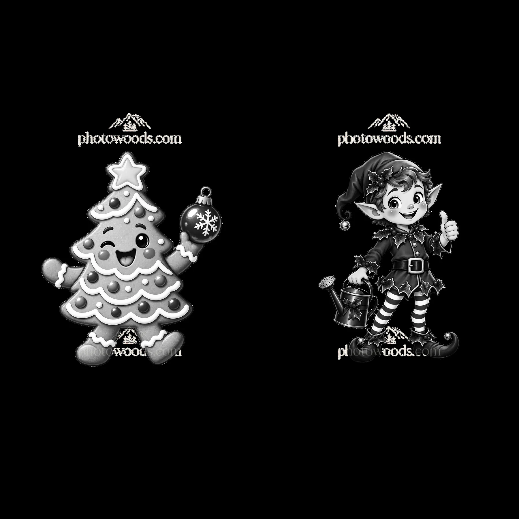 Cheerful Christmas tree and elf character cartoon sticker design - AI-generated stock image