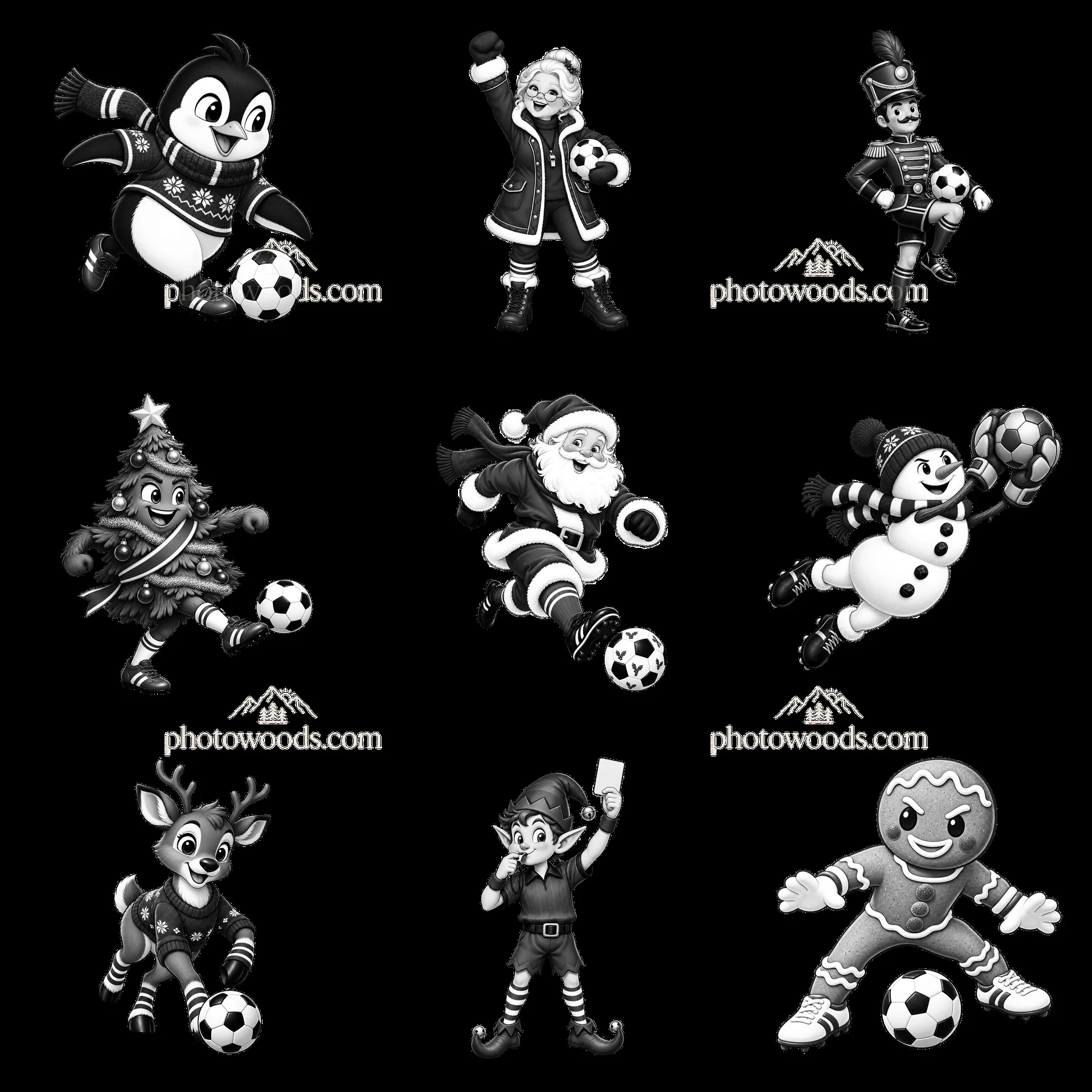 Christmas soccer characters in a 3x3 grid layout - AI-generated stock image