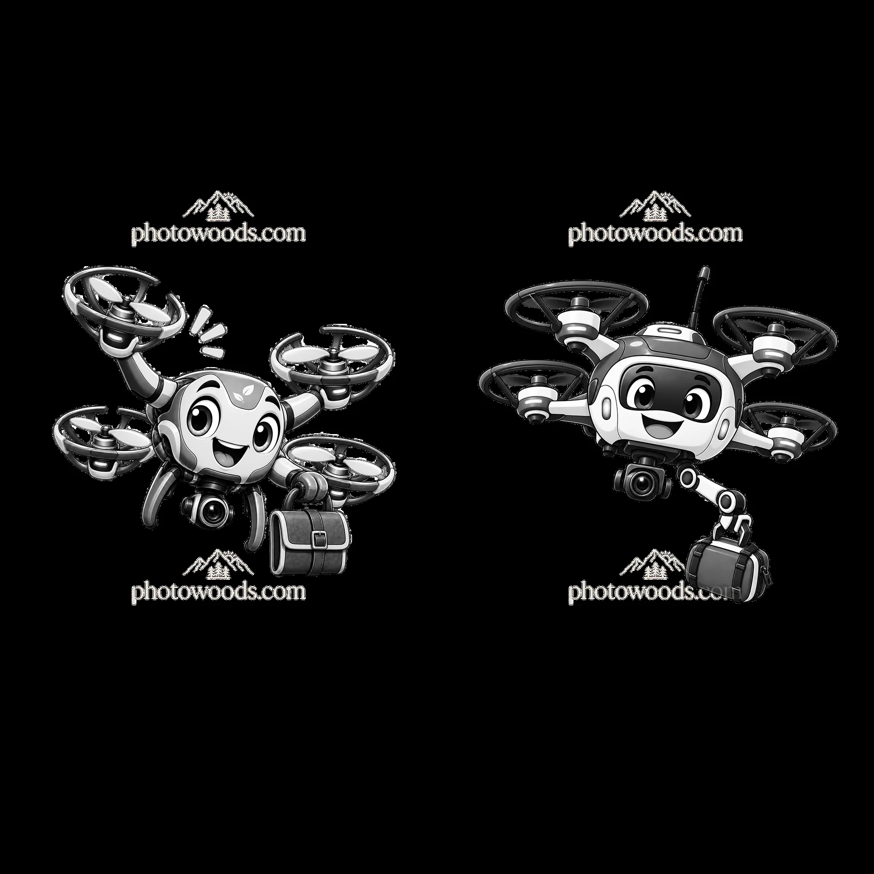 Cartoon drones with smiling faces and accessory bags in pair - AI-generated stock image