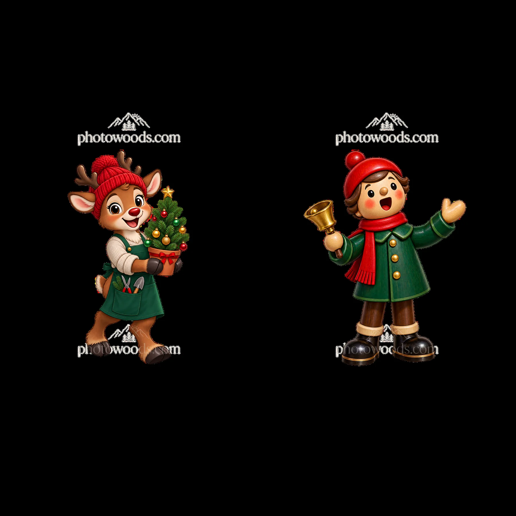Christmas deer and boy with tree and bell in festive outfit