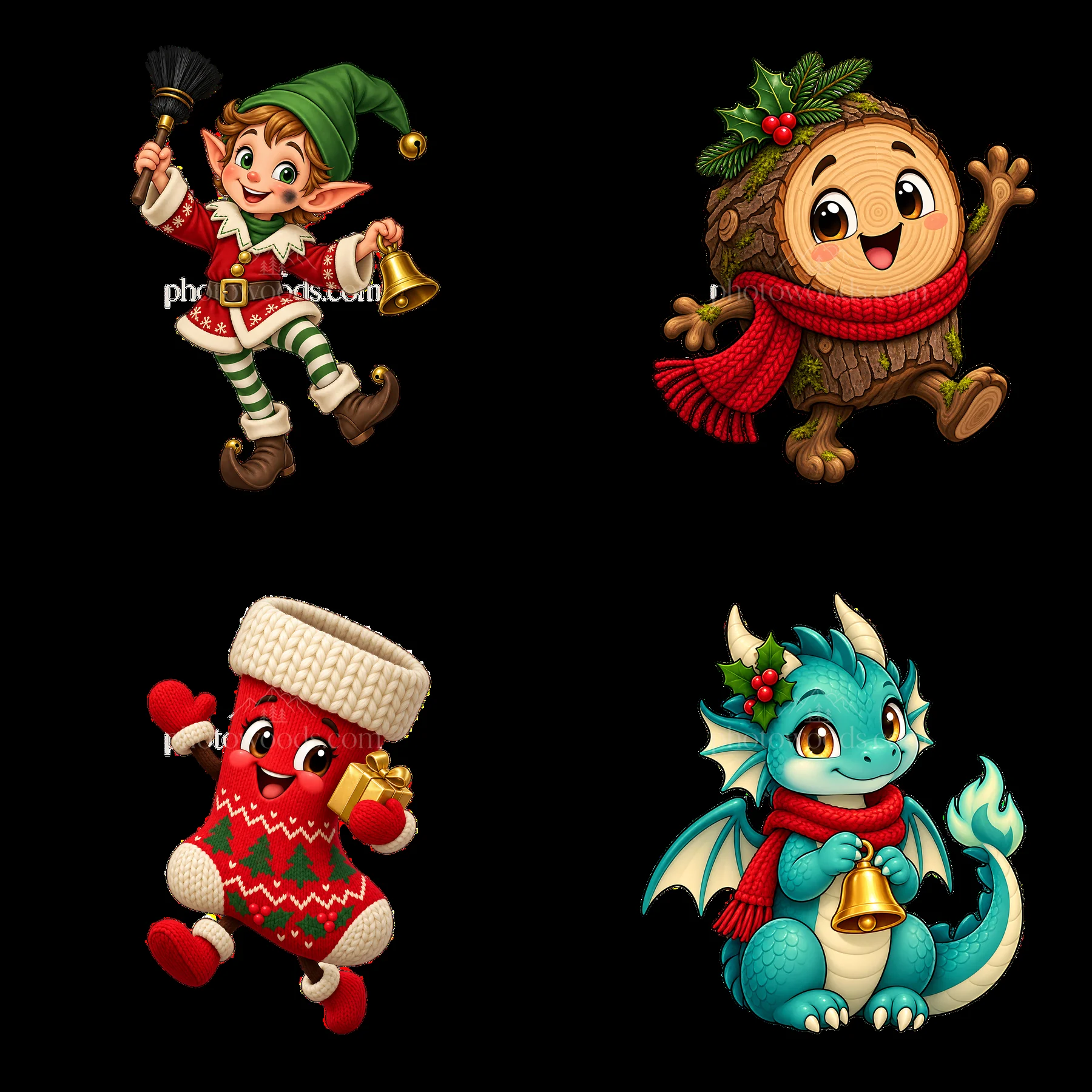 Christmas characters around the fireplace in a joyful scene - AI-generated stock image