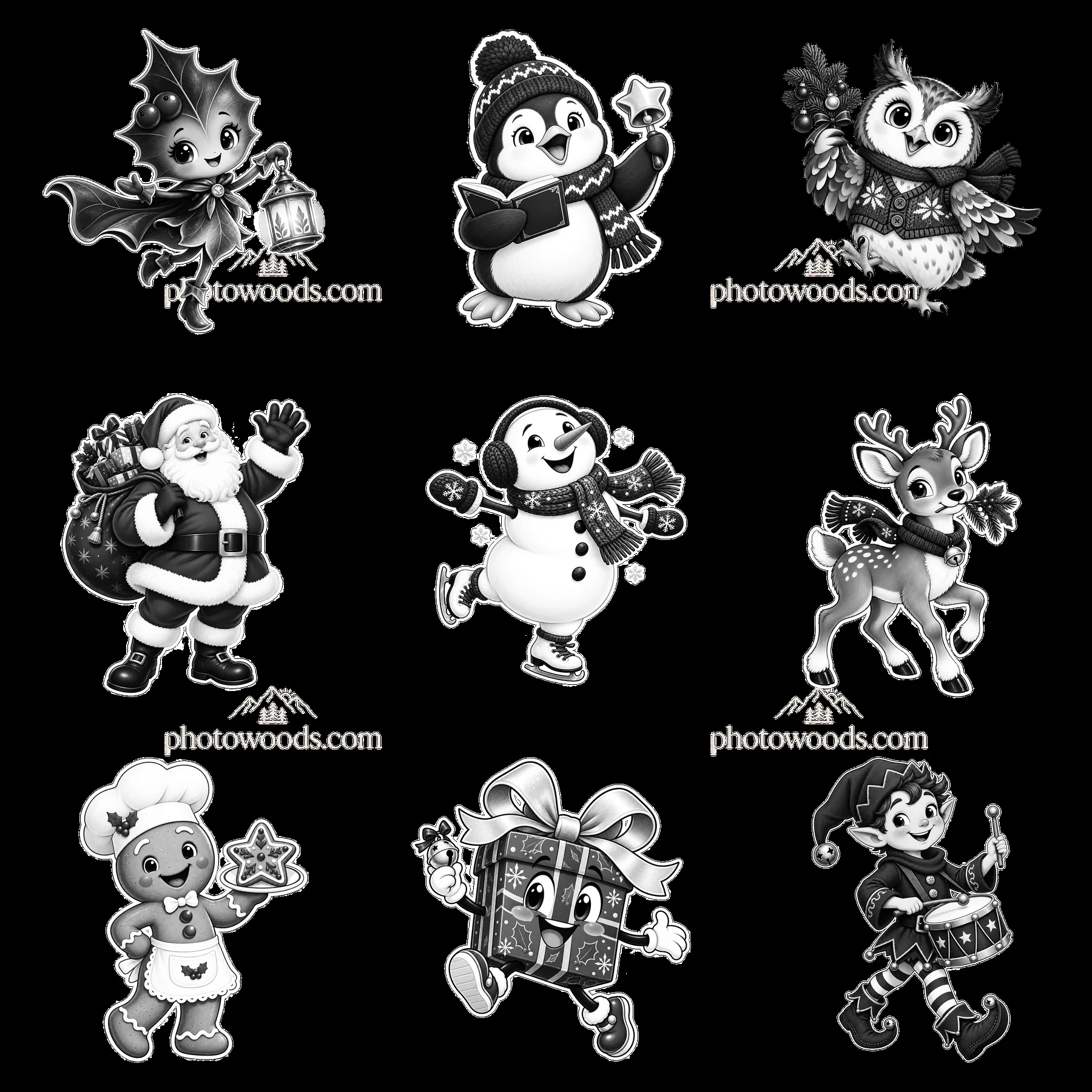 Christmas characters celebrating together in a 3x3 grid - AI-generated stock image
