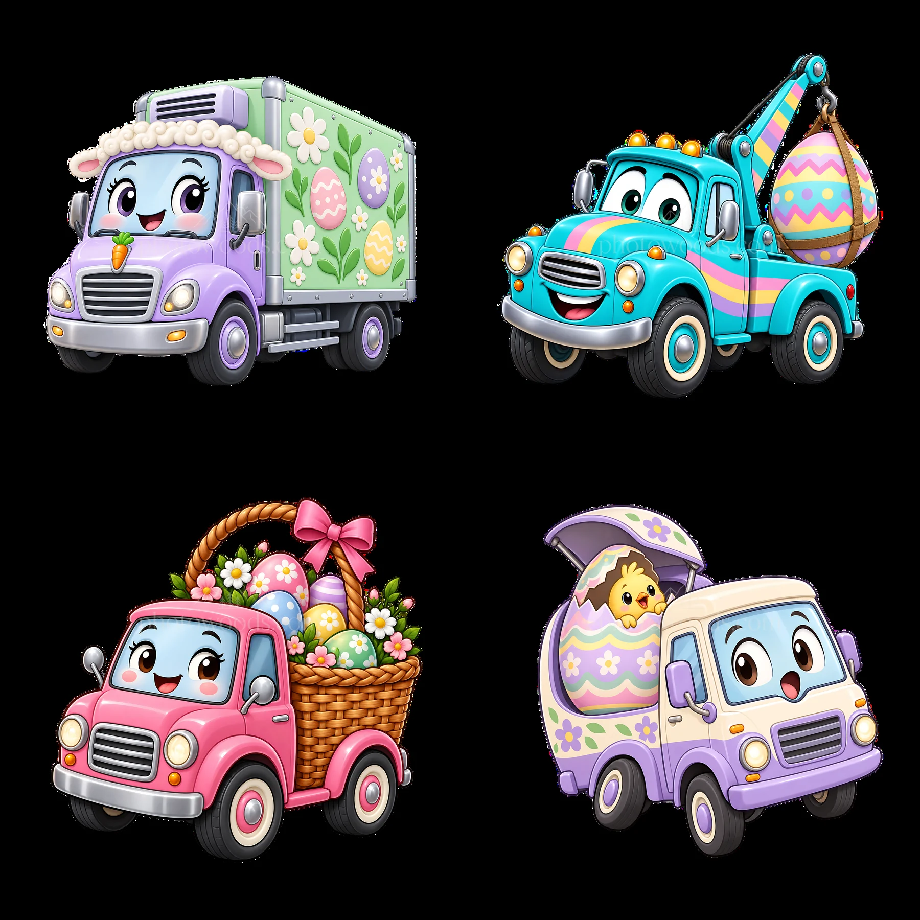 Easter trucks with decorations and cute characters in cartoon style - AI-generated stock image