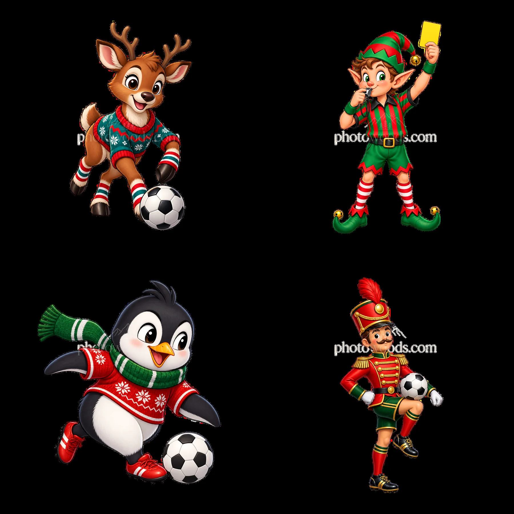 Christmas soccer characters playing with a ball in a 2x2 layout - AI-generated stock image