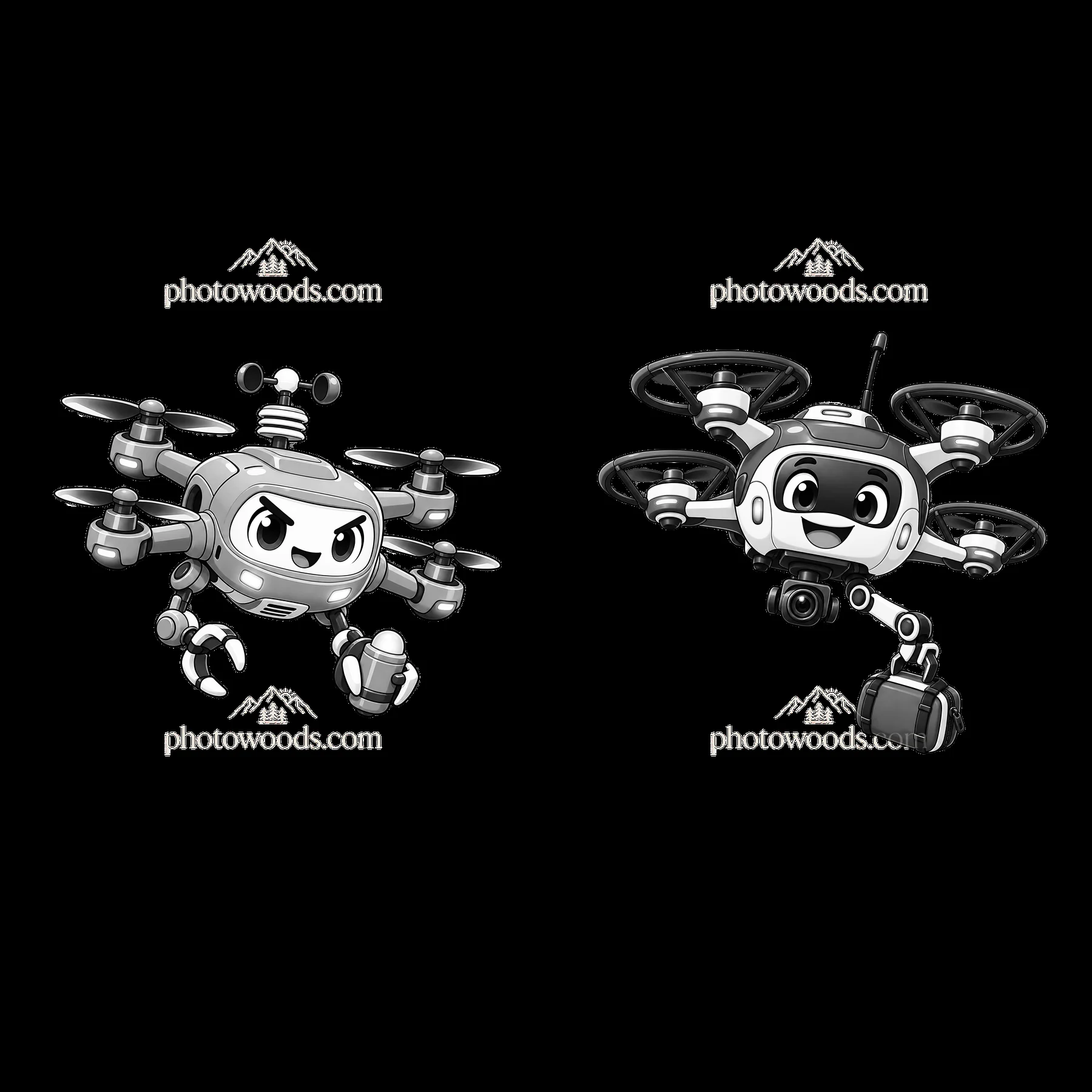 Cartoon drones with distinct expressions and accessories - AI-generated stock image