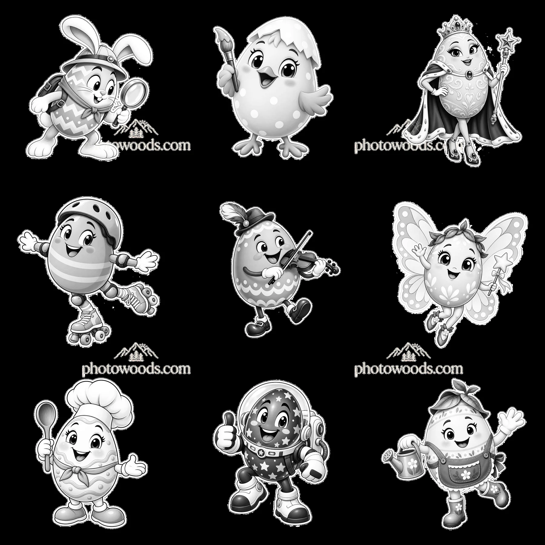 Cartoon Easter egg characters in a 3x3 layout - AI-generated stock image