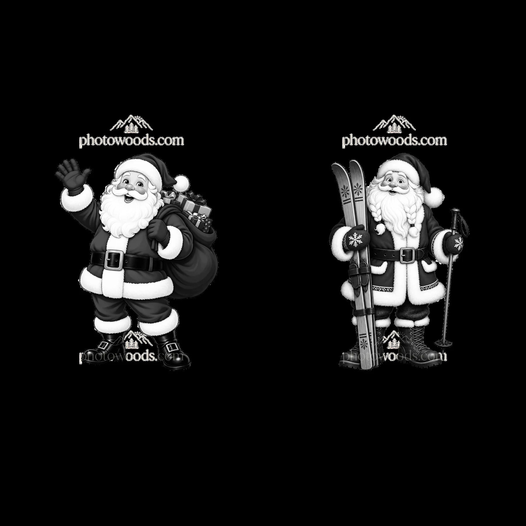 Santa Claus waving and skiing in black and white illustration - AI-generated stock image