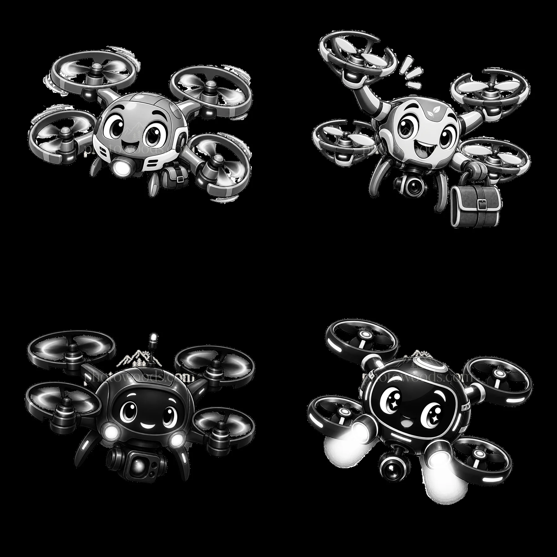 Cartoon drones with faces and accessories in a 2x2 layout - AI-generated stock image