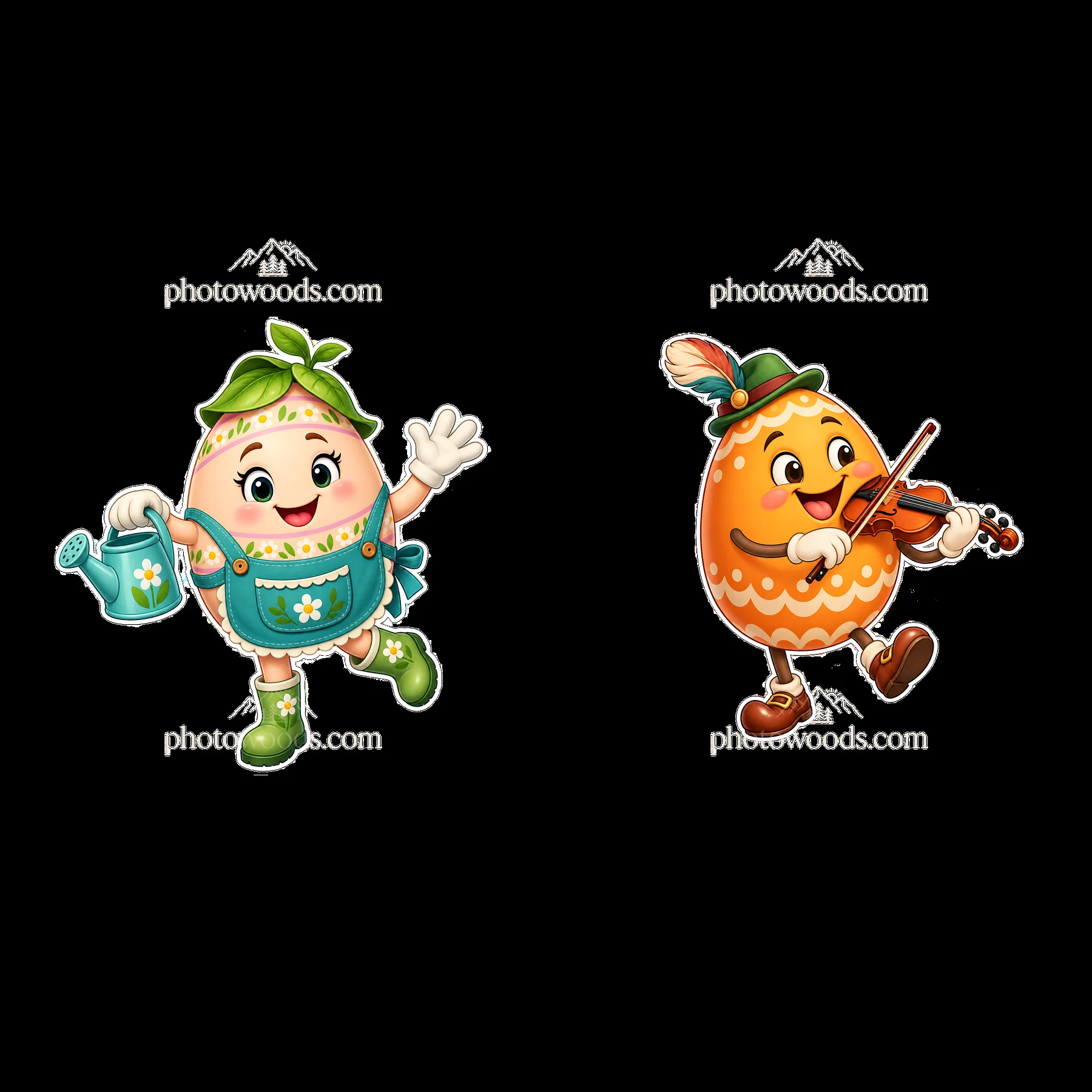 Easter egg characters watering plants and playing music - AI-generated stock image