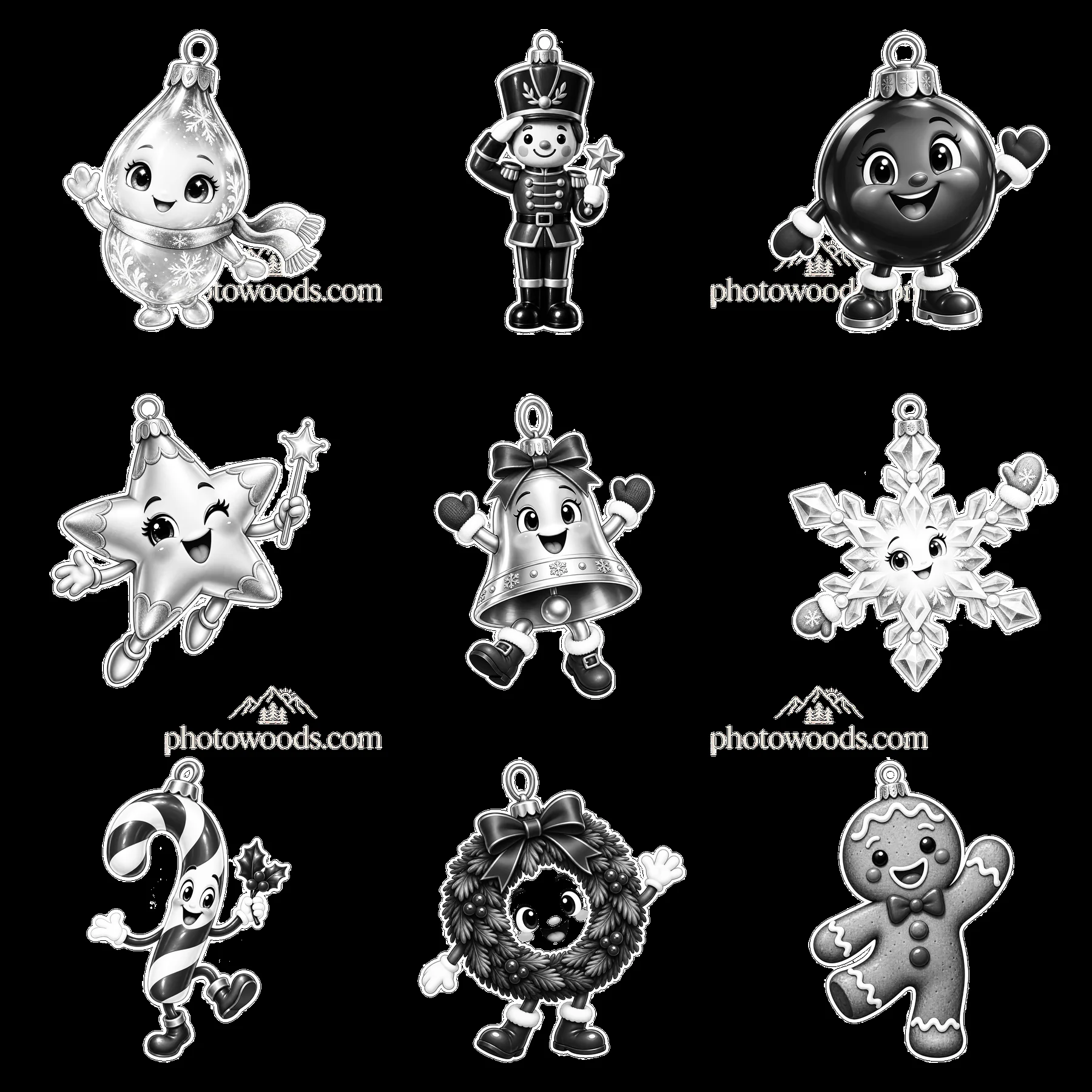 Cartoon Christmas ornaments in black and white arranged in a grid - AI-generated stock image