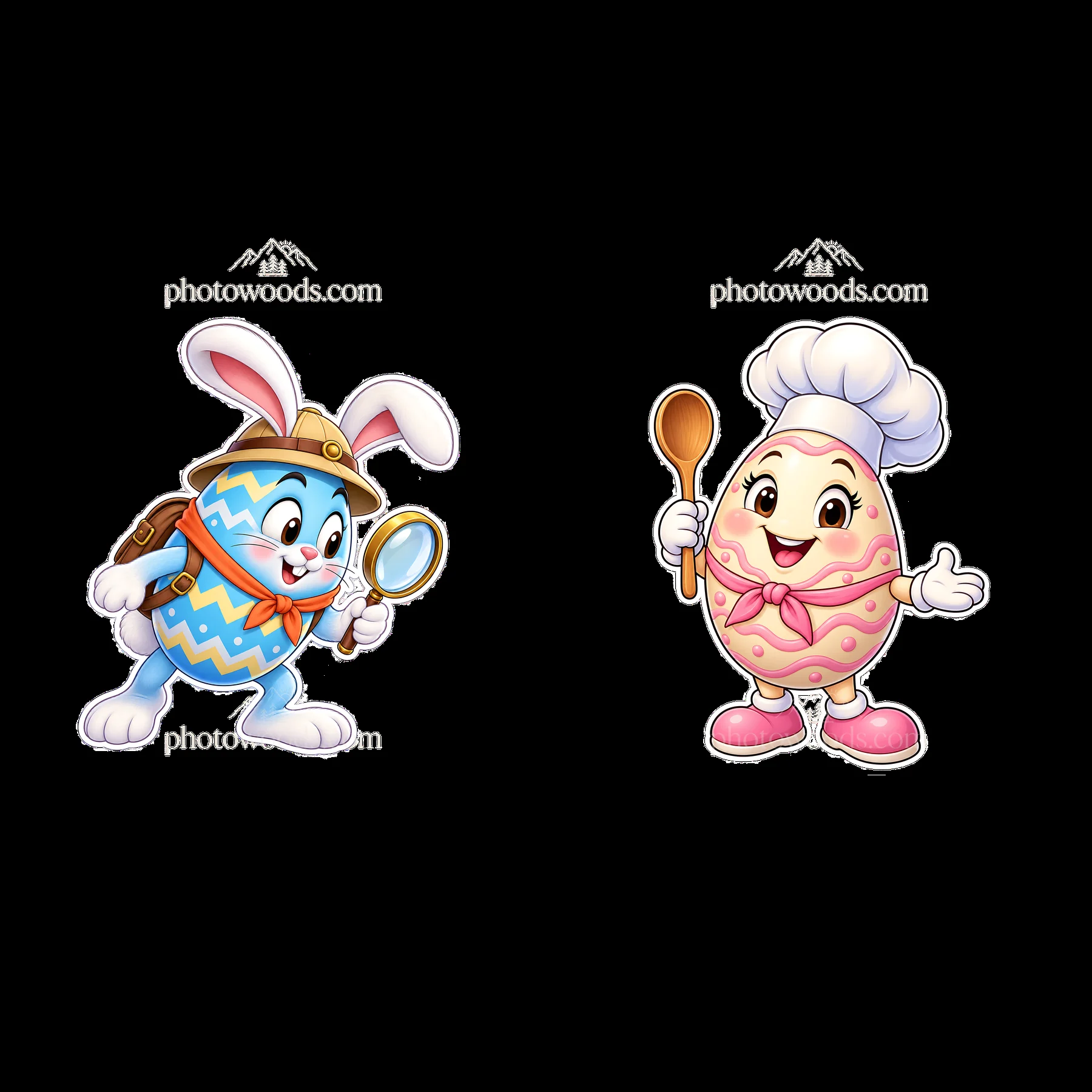 Easter bunny and chef egg characters with magnifying glass and spoon - AI-generated stock image