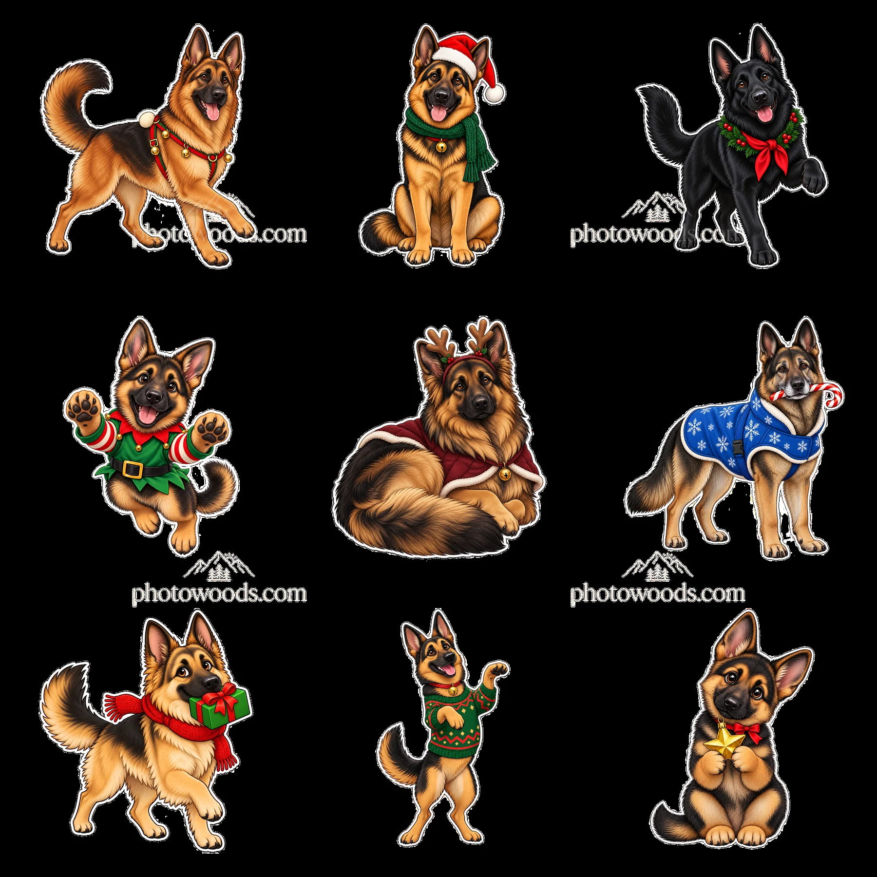 Christmas German Shepherd dogs in festive outfits in a grid - AI-generated stock image