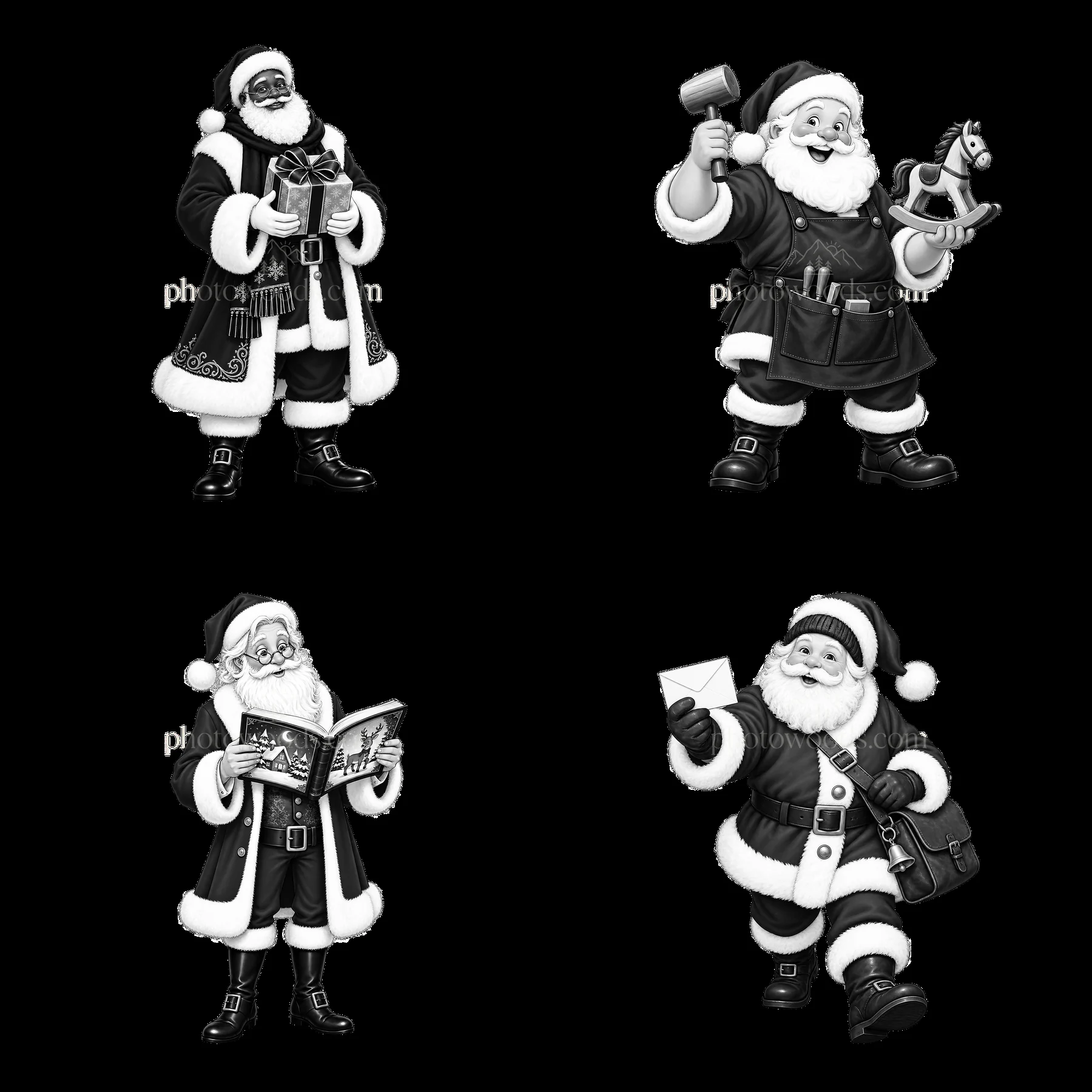 Santa Claus characters in various poses and activities - AI-generated stock image