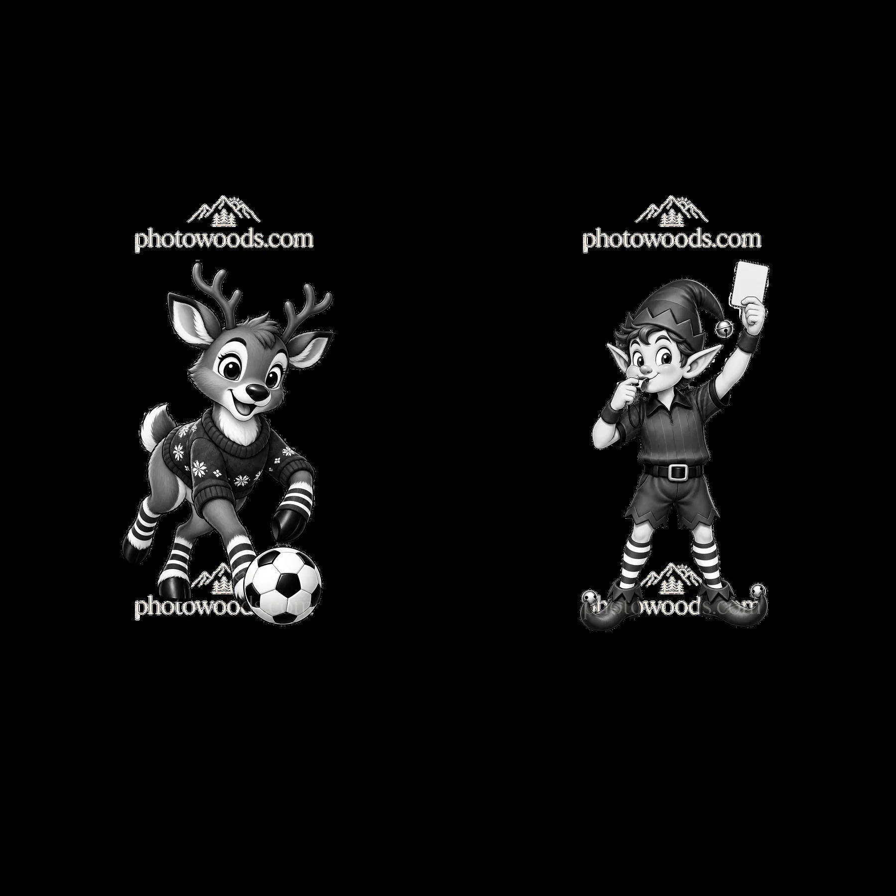 Reindeer plays soccer while elf raises a yellow card for foul - AI-generated stock image