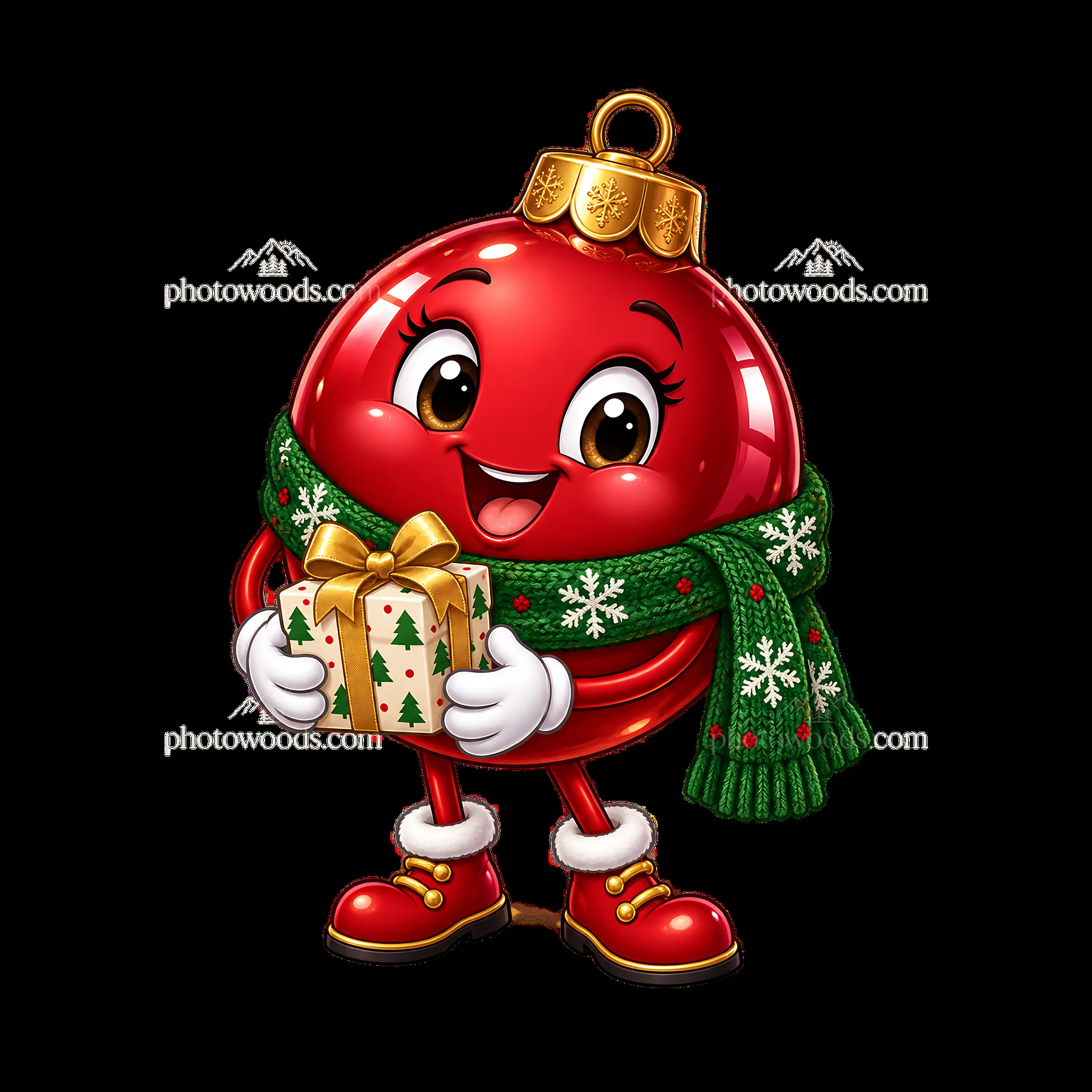 Red Christmas ornament character holding a gift with a scarf - AI-generated stock image