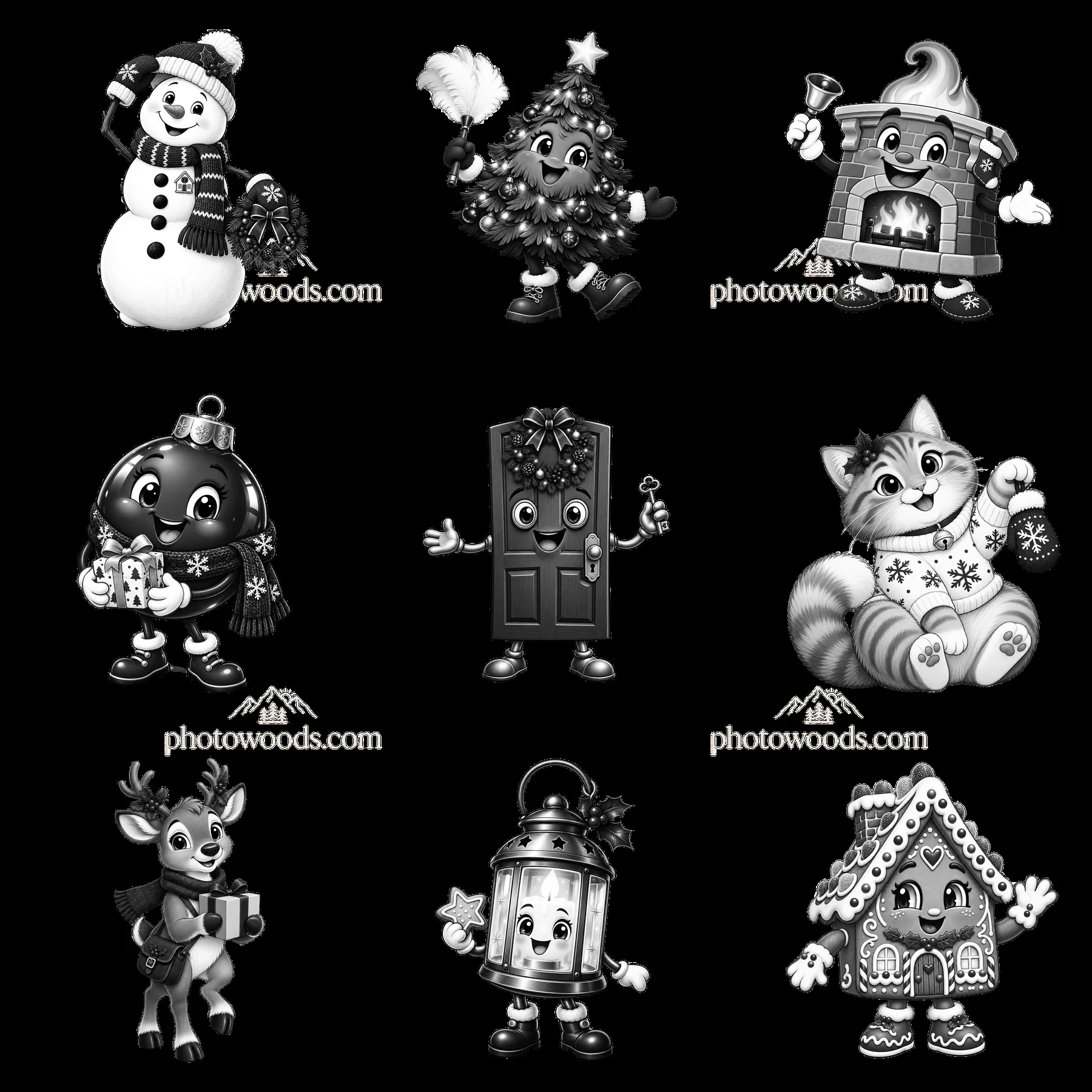 Christmas house characters in black and white cartoon stickers - AI-generated stock image
