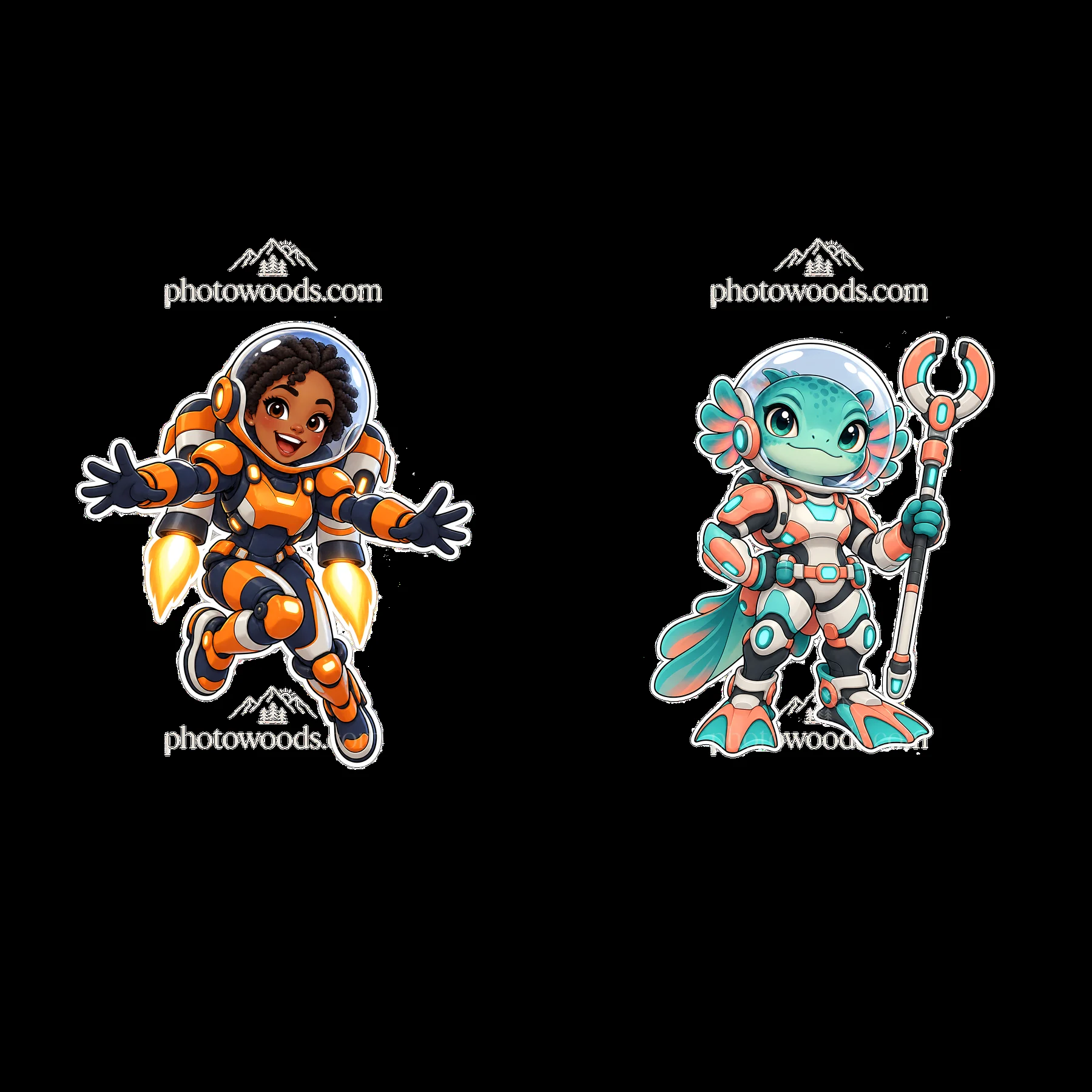 Futuristic kawaii super-soldier duo in space suits - AI-generated stock image
