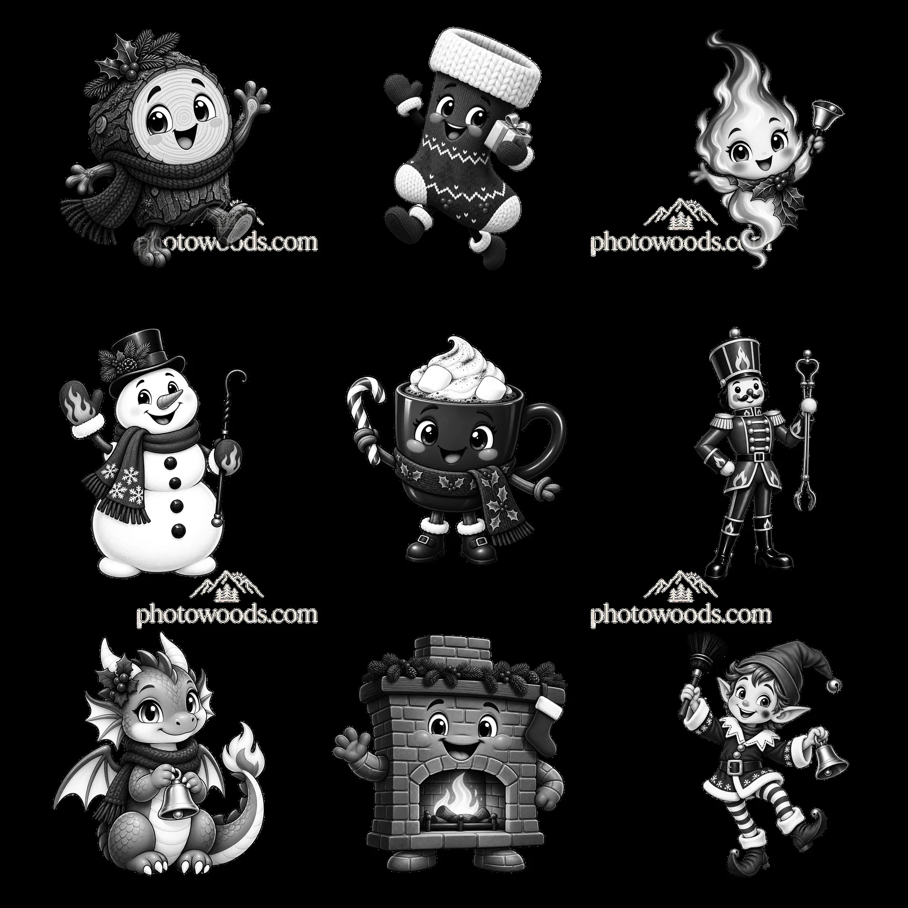 Cartoon characters celebrating Christmas in a fireplace theme - AI-generated stock image