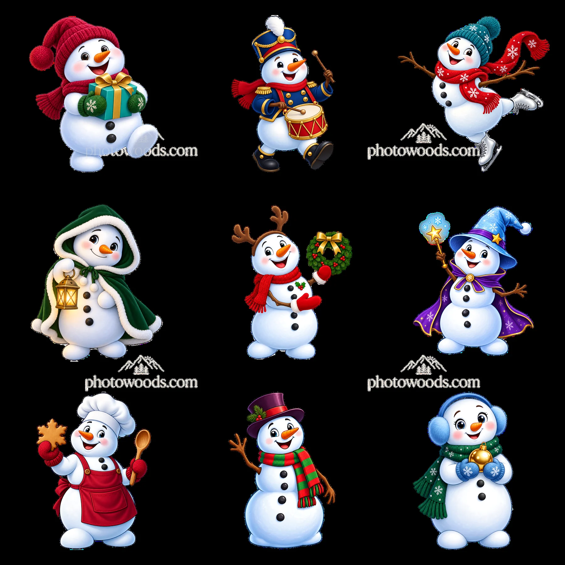 Christmas snowmen in various festive outfits and activities - AI-generated stock image