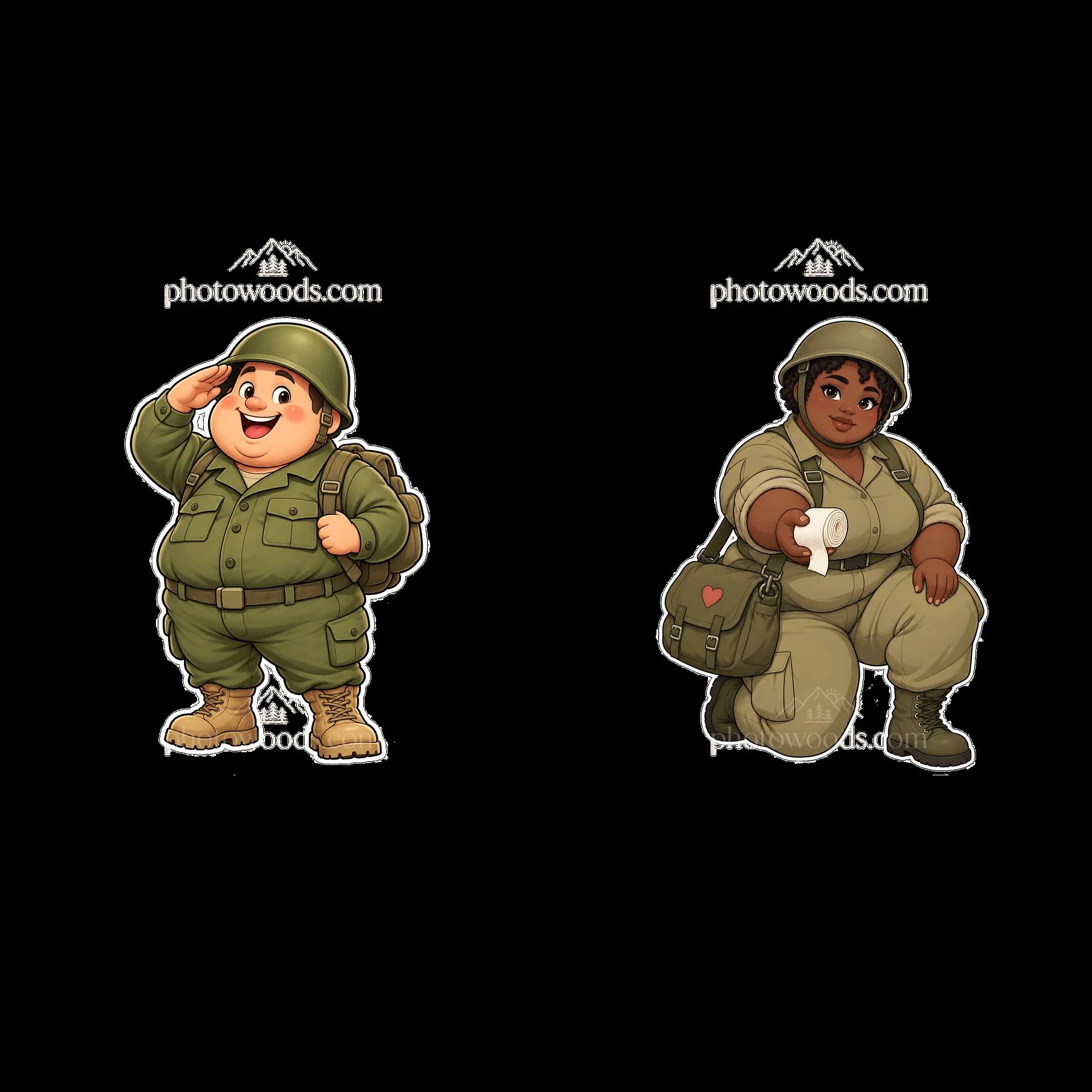 Cute ultra-chubby soldier pair stickers featuring diverse characters - AI-generated stock image