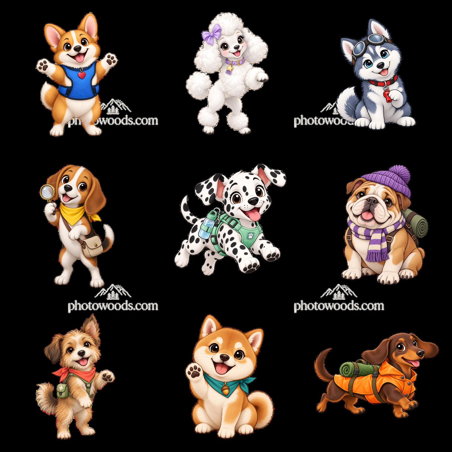 Cute K-9 dogs in a colorful 3x3 cartoon sticker layout - AI-generated stock image