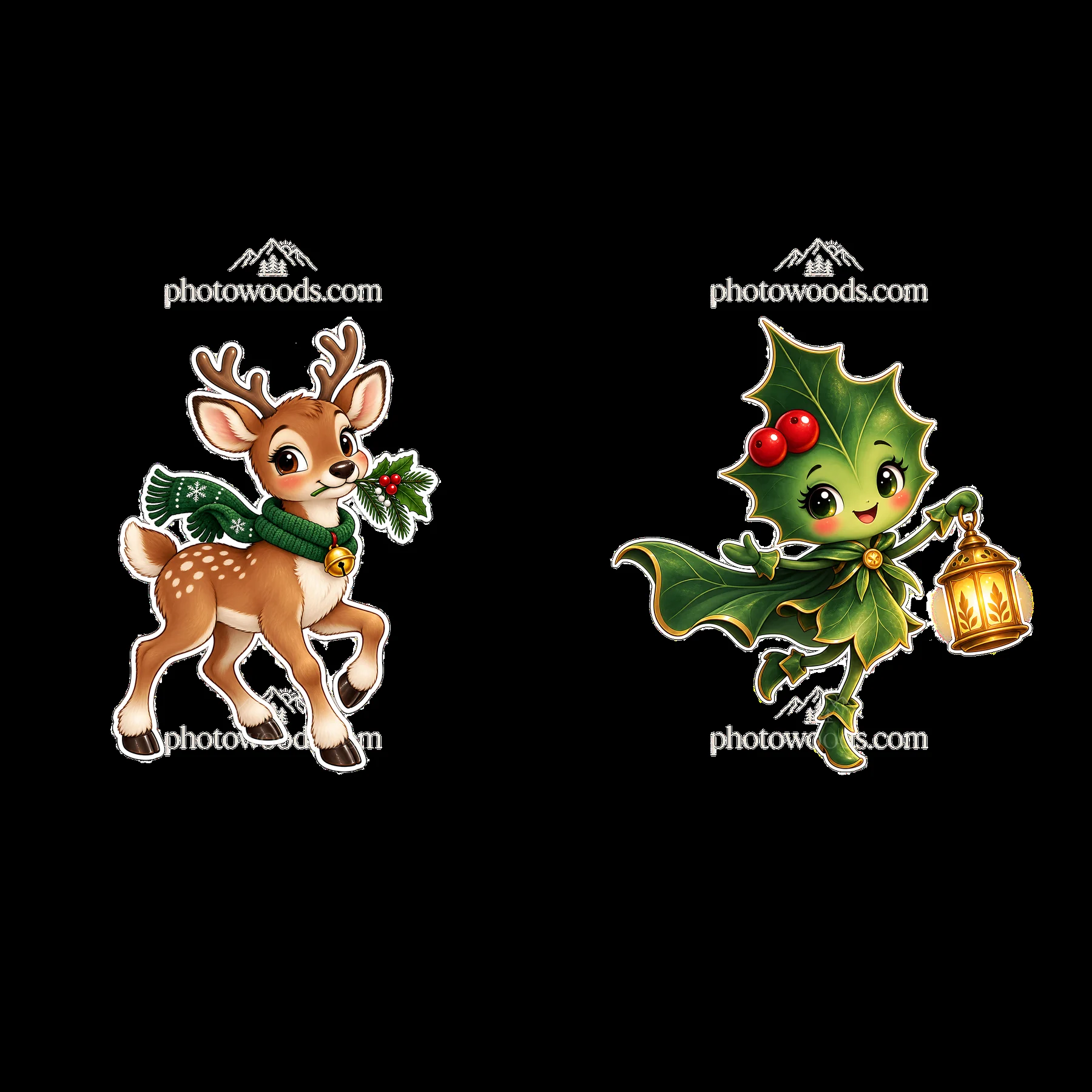 Cute reindeer with holly and cheerful holly character holding lantern - AI-generated stock image