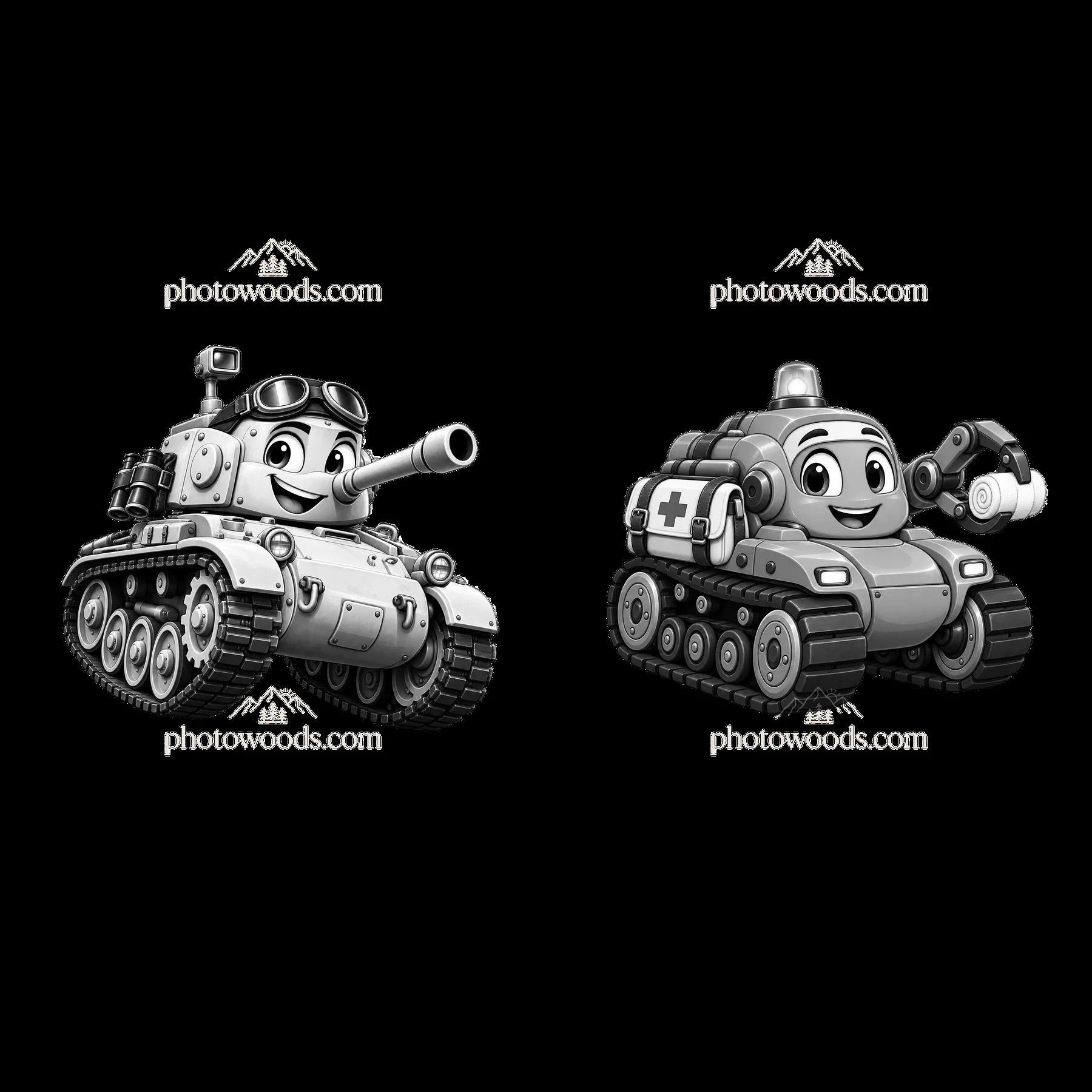 Friendly cartoon tanks with happy faces and accessories - AI-generated stock image