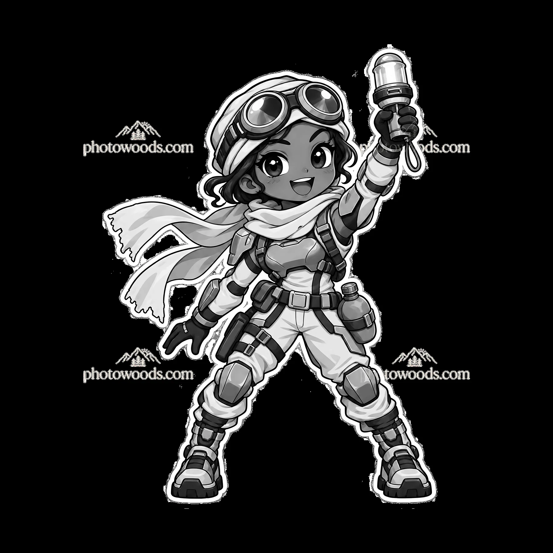 Kawaii futuristic super-soldier holding a flashlight and waving - AI-generated stock image