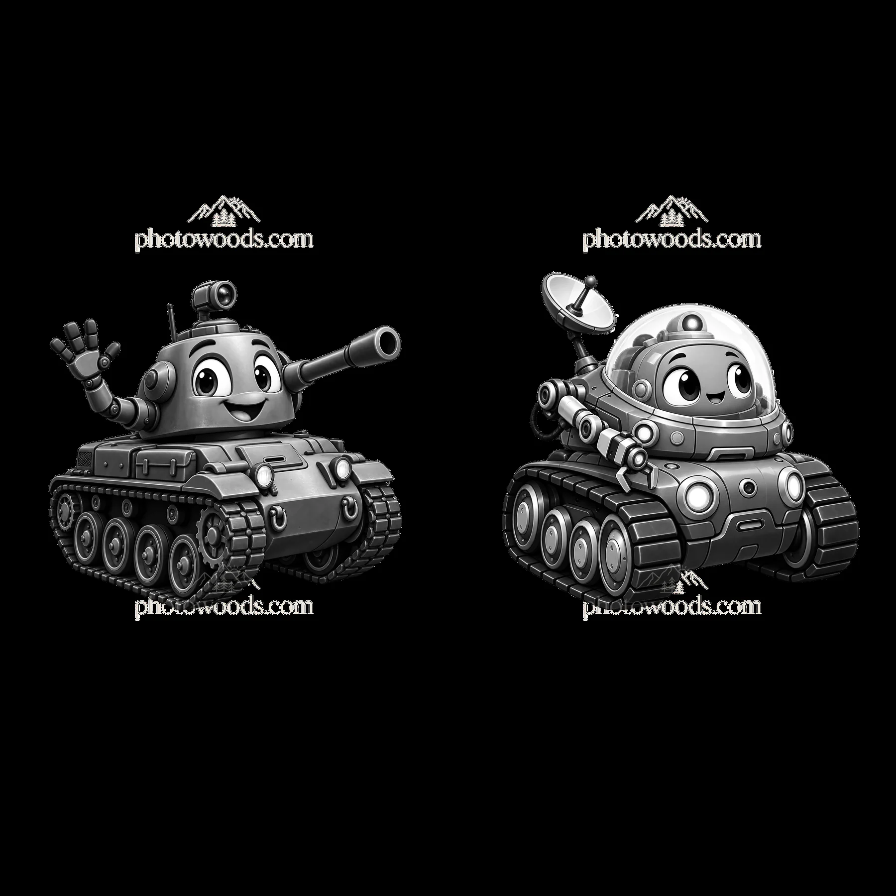 Cartoon tank characters interacting in monochrome design - AI-generated stock image
