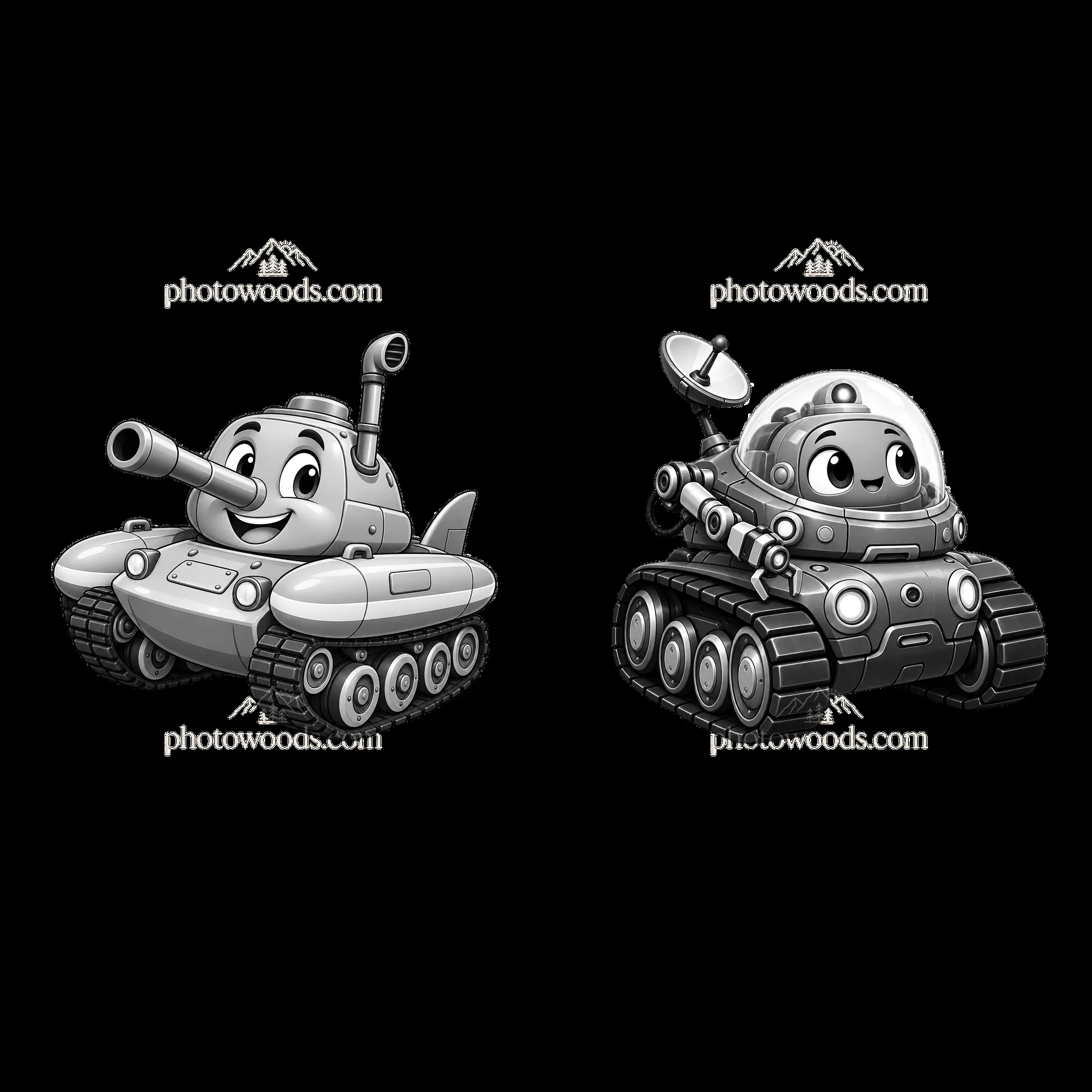 Cartoon tank and lunar vehicle characters in playful design - AI-generated stock image