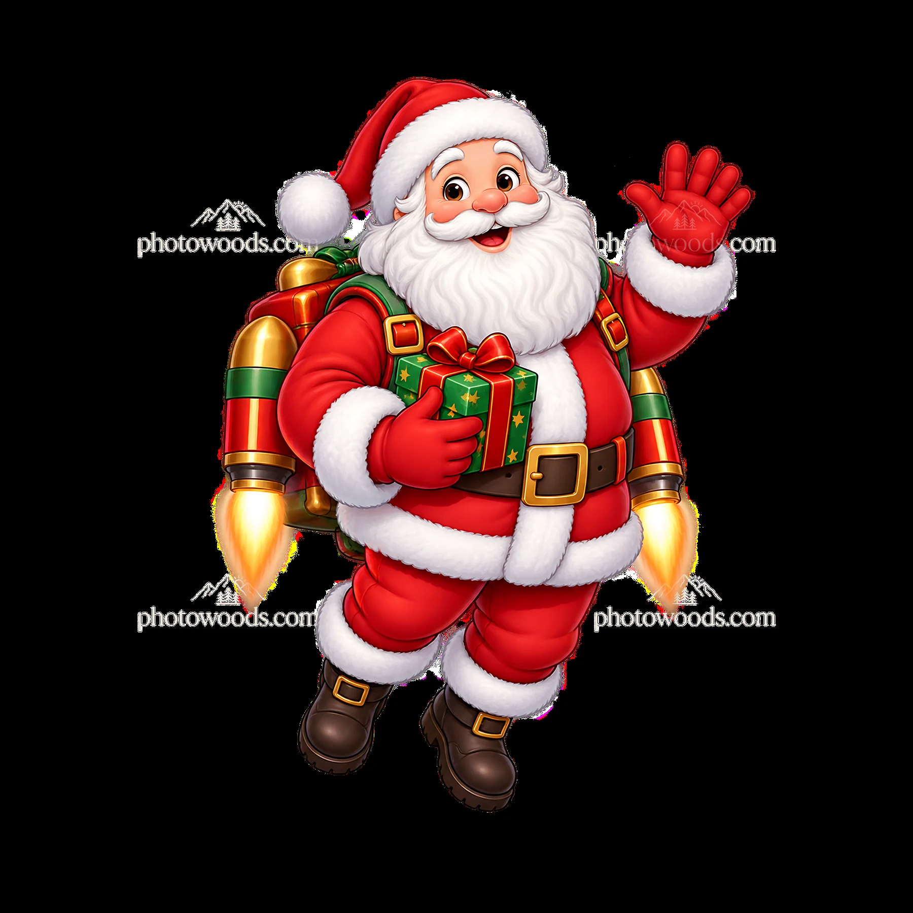 Santa Claus with jetpack and gifts, celebrating the holidays - AI-generated stock image