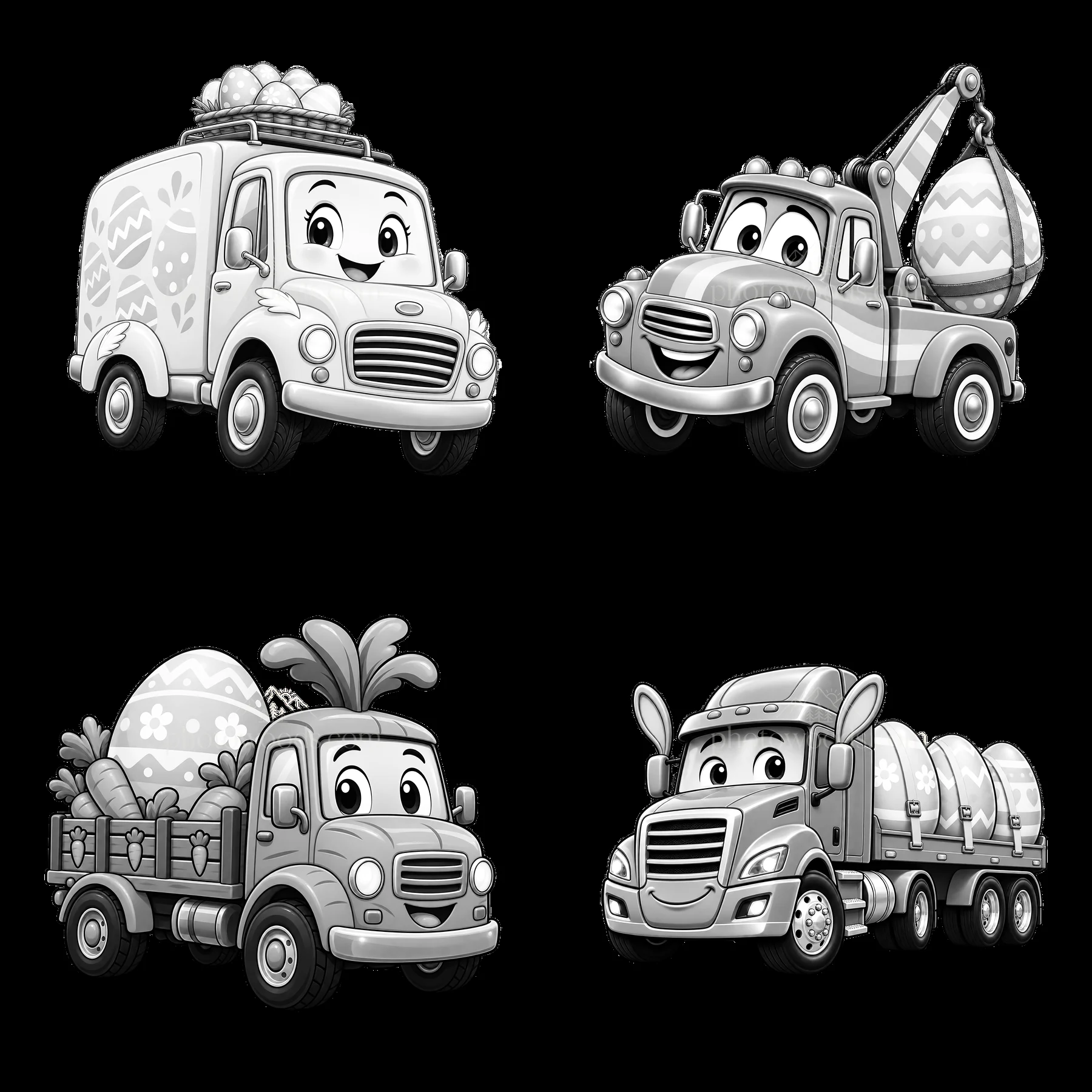Easter-themed trucks with decorations and cargo in black and white - AI-generated stock image