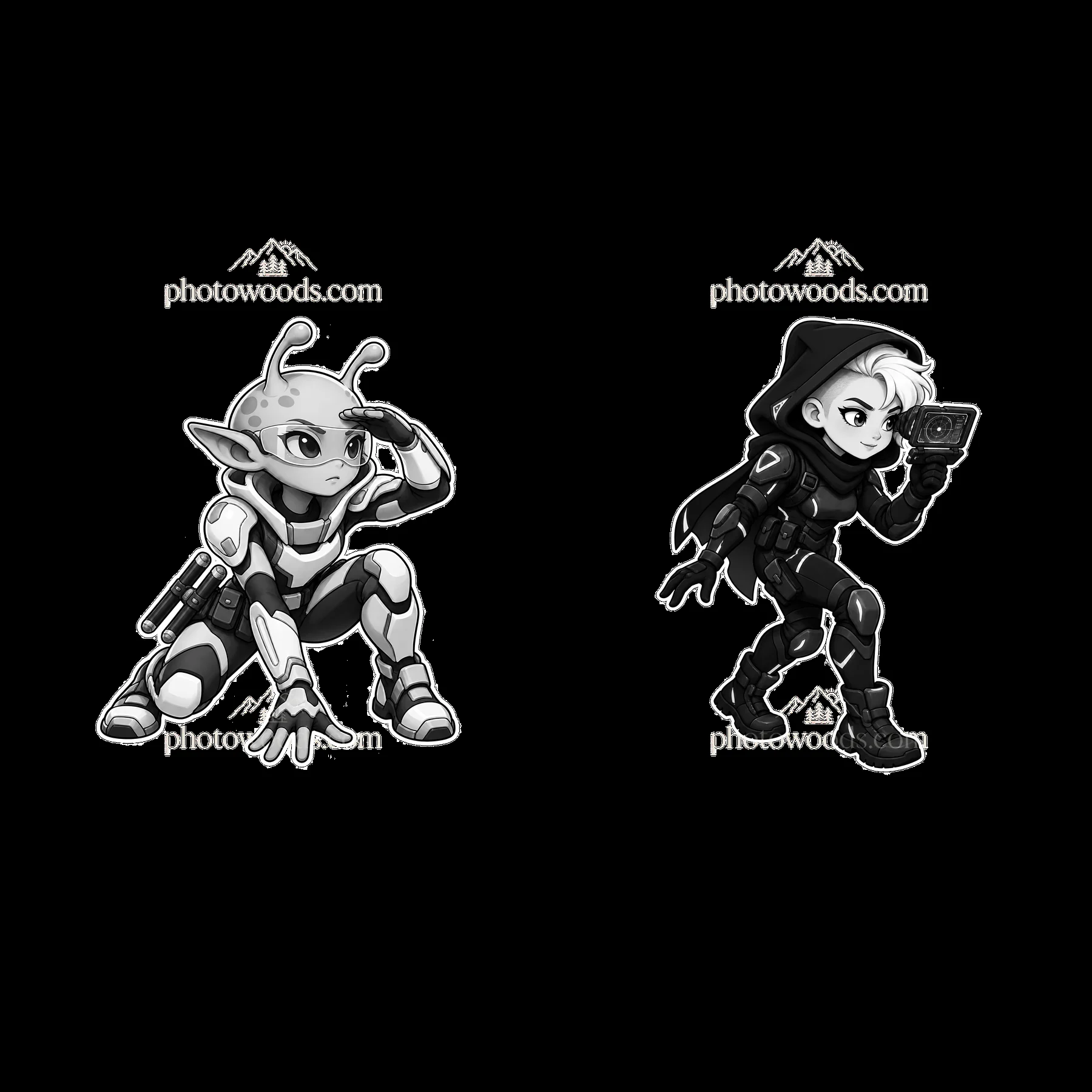 Kawaii futuristic super-soldier characters in black and white - AI-generated stock image