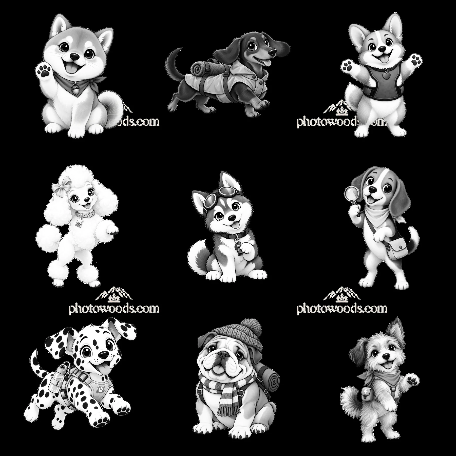 Cute K-9 dogs arranged in a 3x3 grid in cartoon style - AI-generated stock image