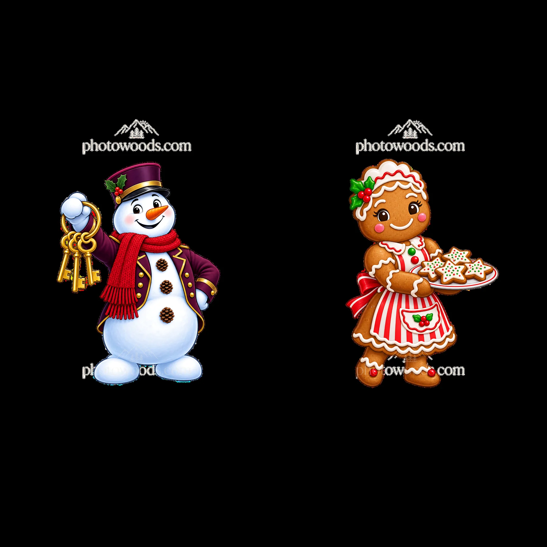 Snowman with keys and gingerbread girl holding cookies