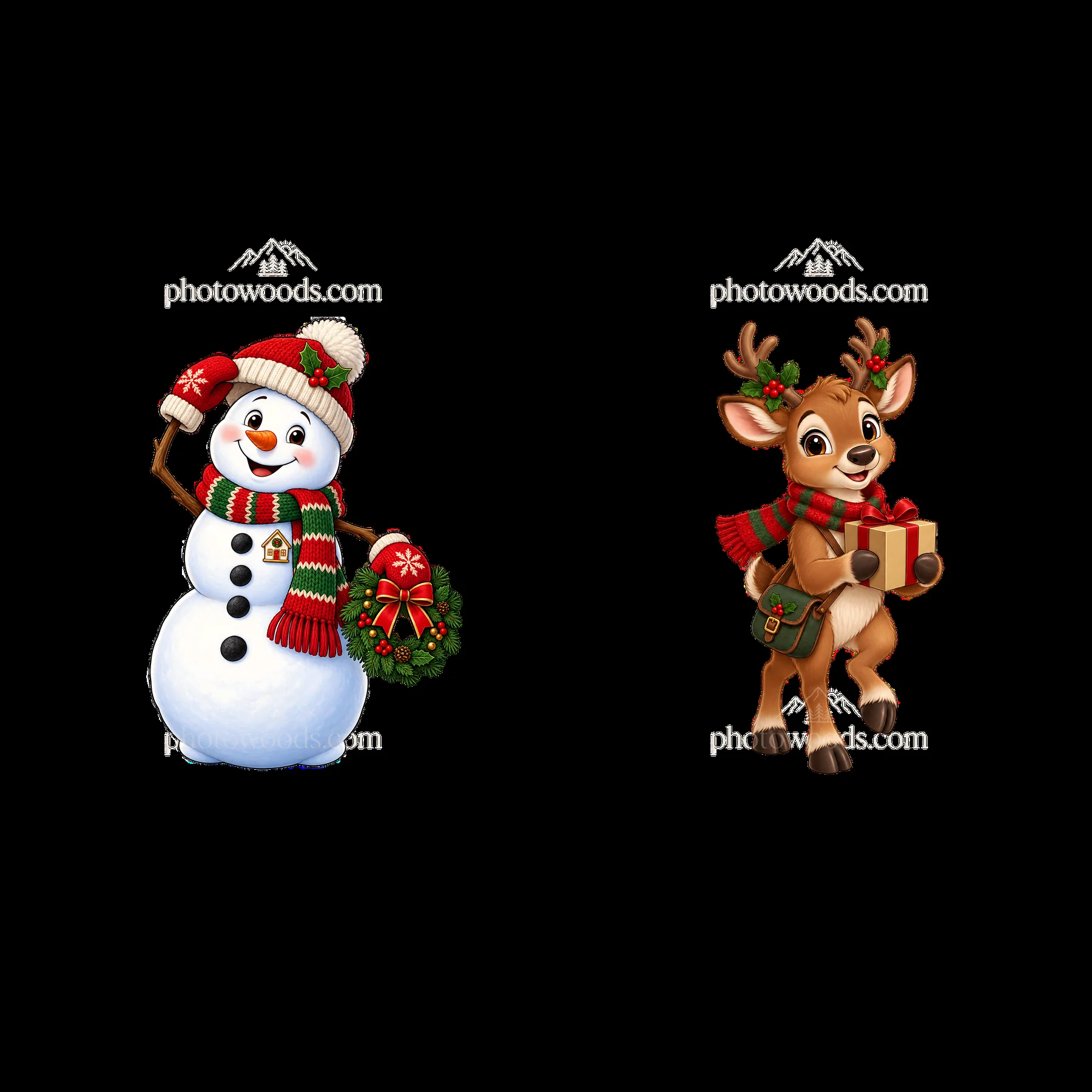 Snowman and reindeer with Christmas garland and gift - AI-generated stock image