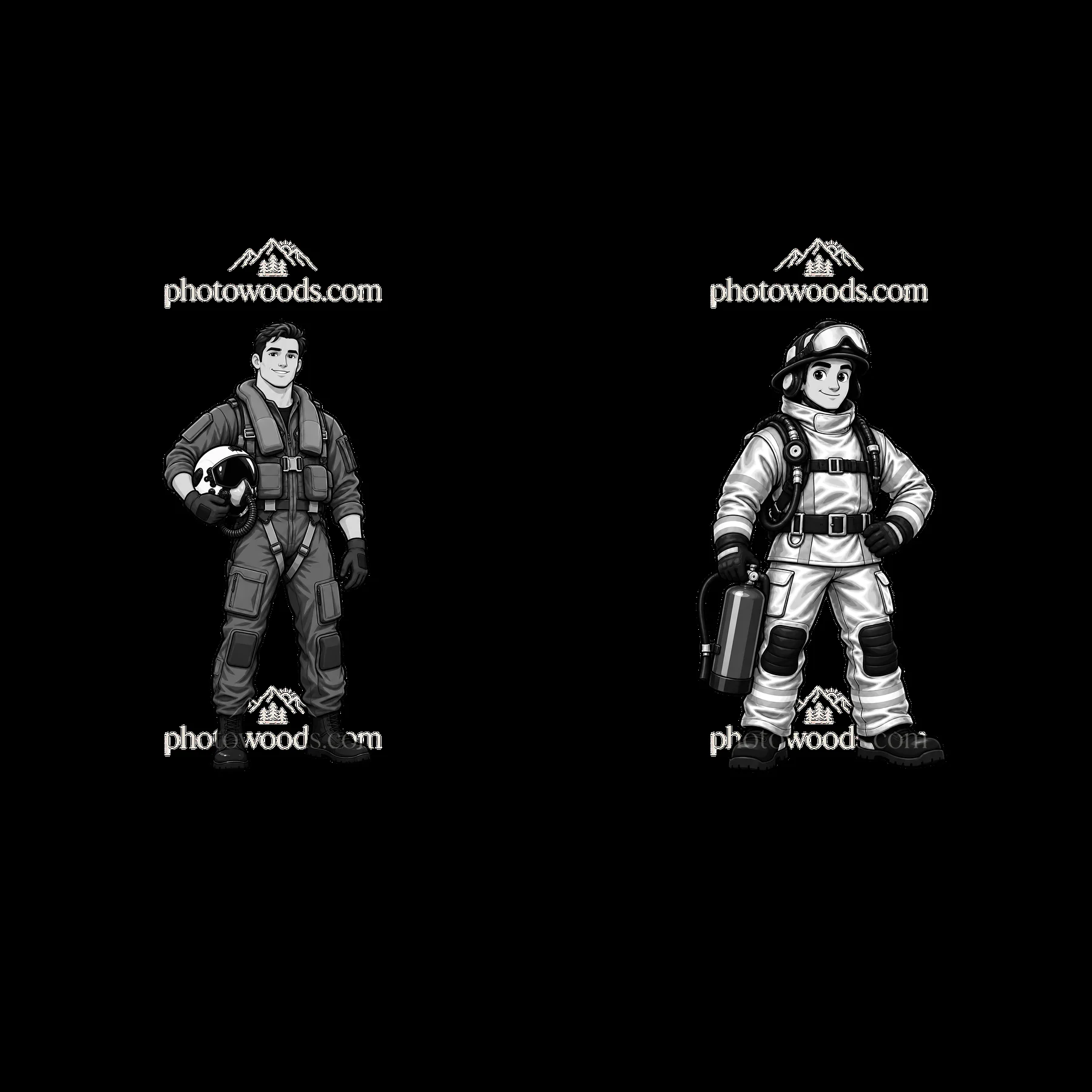 Pilot and firefighter characters on an aircraft carrier - AI-generated stock image