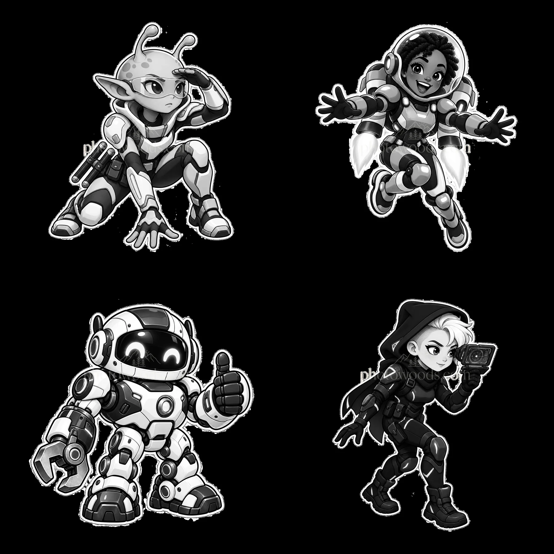 Kawaii futuristic super-soldiers in black and white illustration - AI-generated stock image