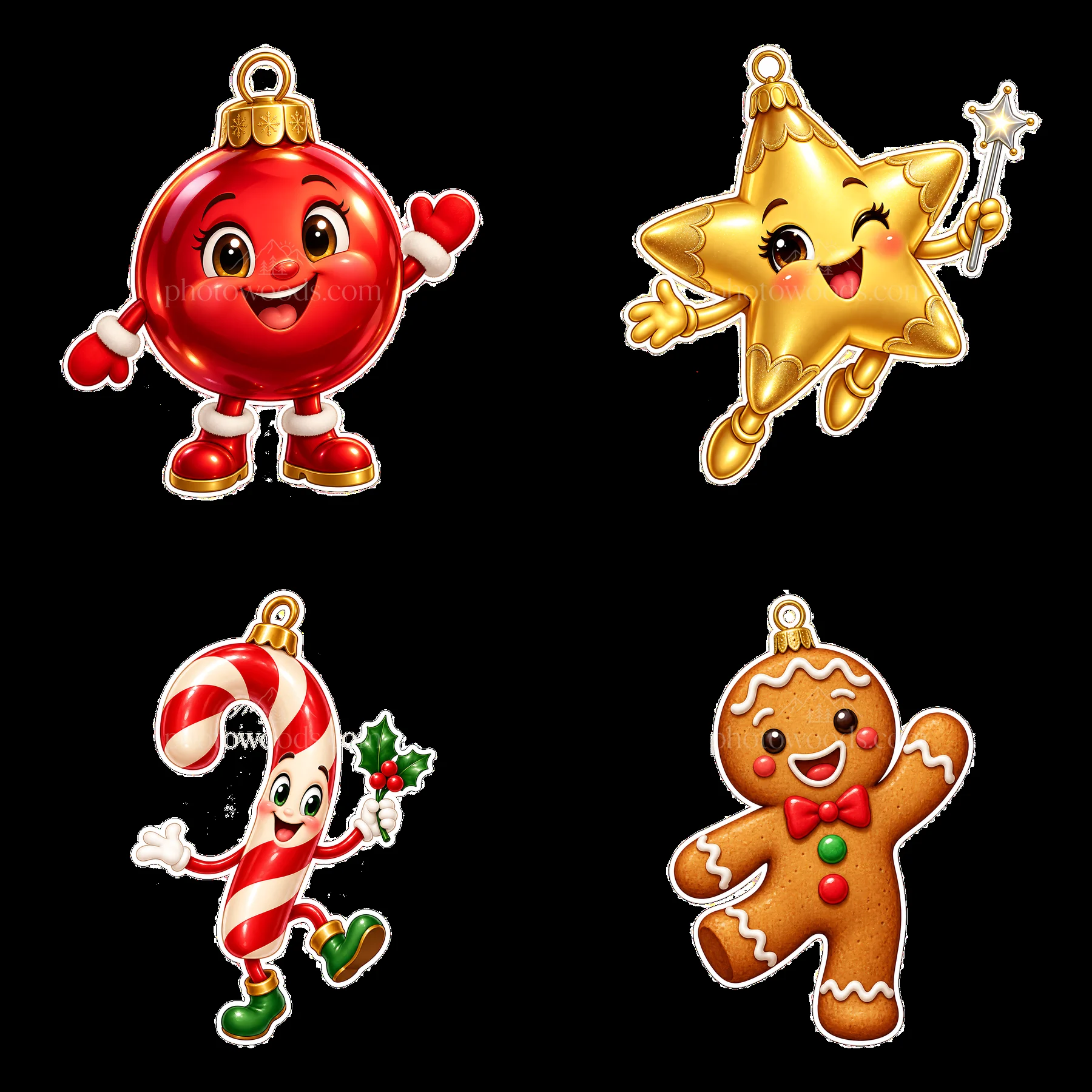 Colorful cartoon Christmas ornaments with fun characters - AI-generated stock image