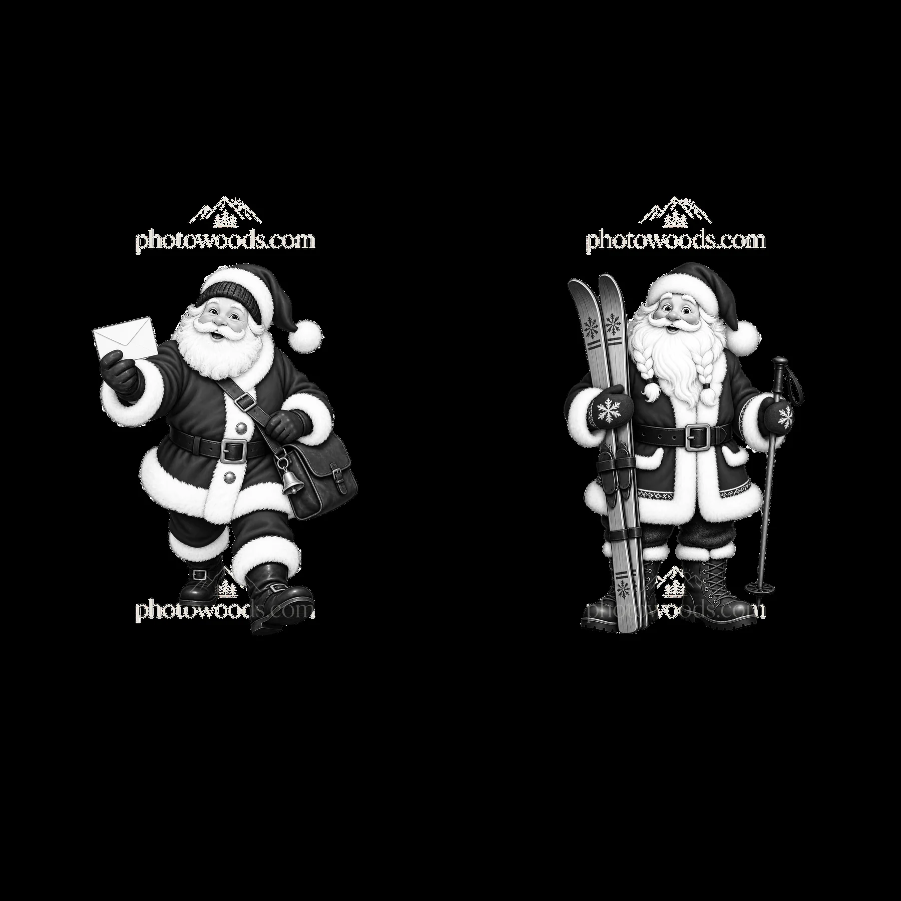 Santa Claus with letter and Santa Claus skiing - AI-generated stock image