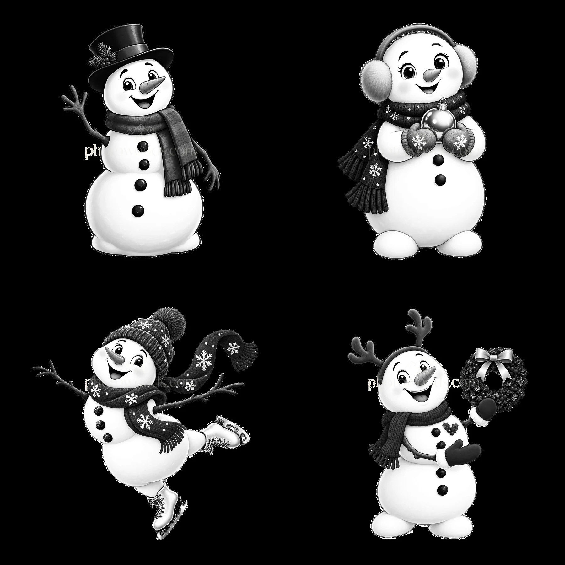 Snowman stickers in various poses with winter accessories - AI-generated stock image