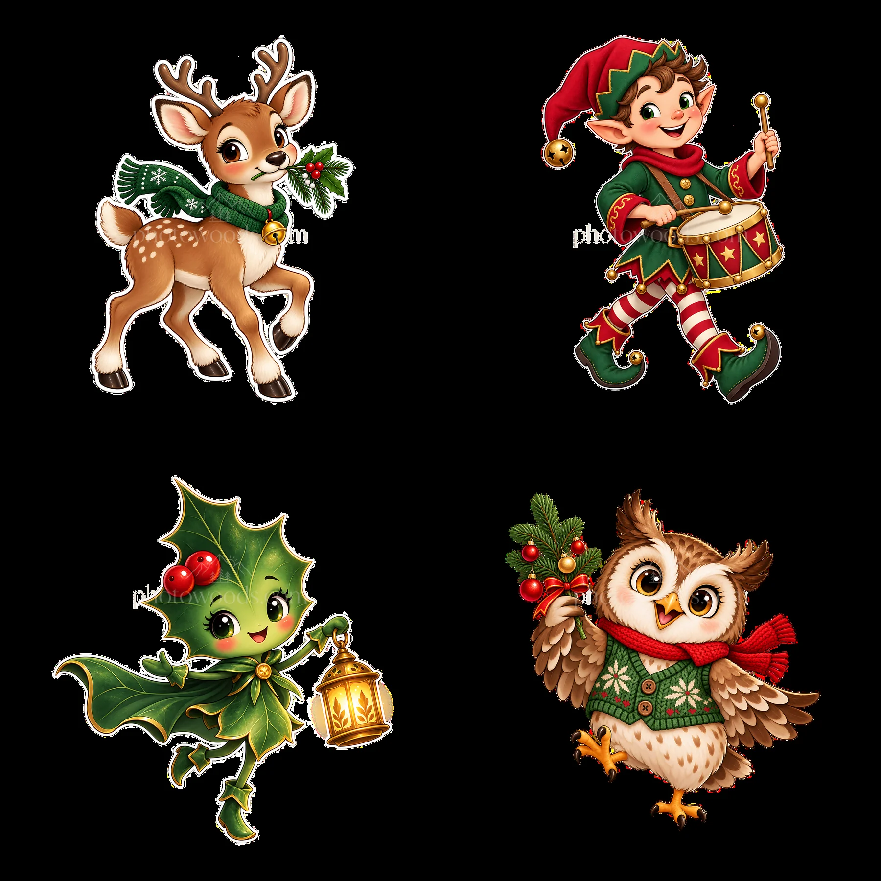 Christmas cartoon characters with reindeer, elf, holly, and owl - AI-generated stock image