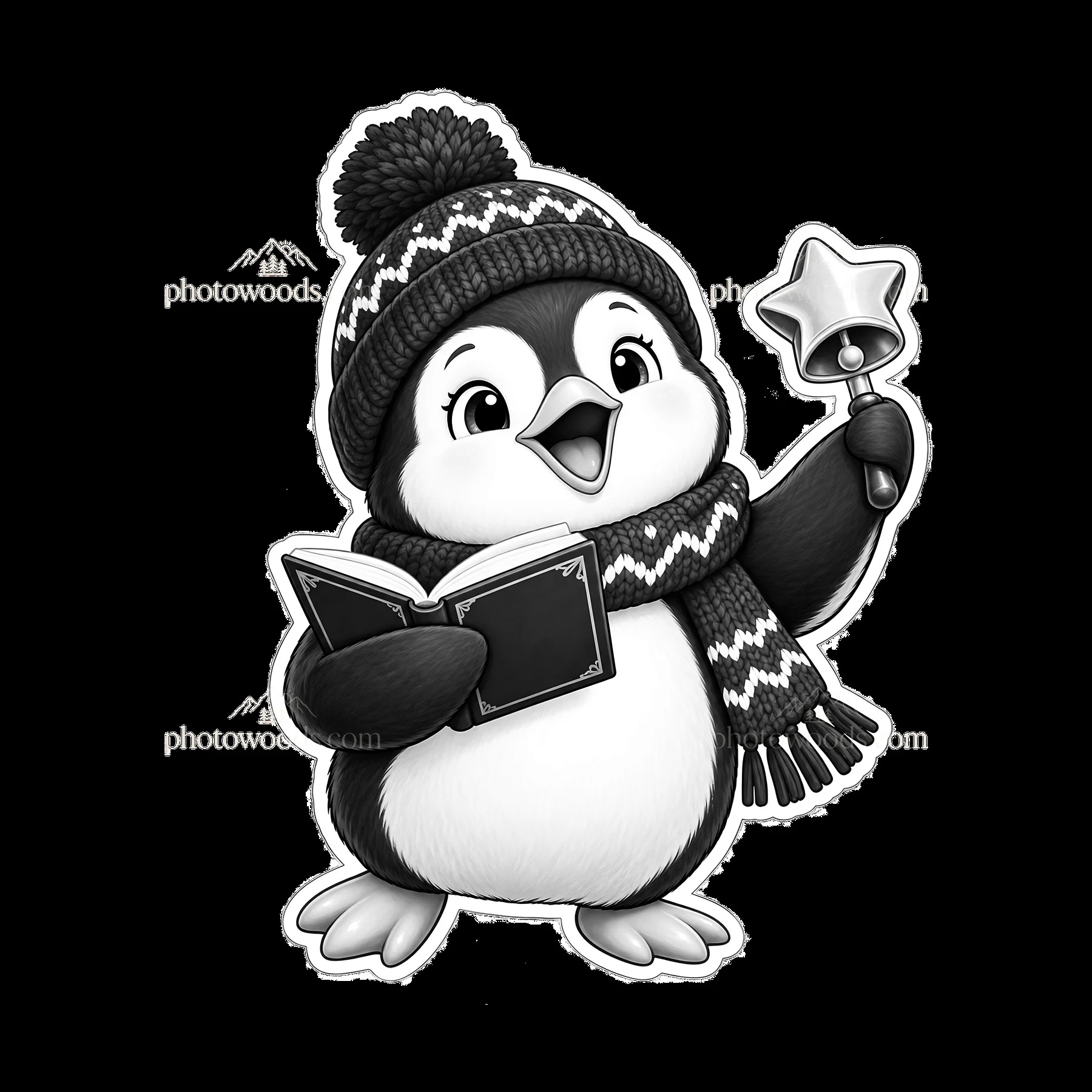 Cheerful penguin singing with a book and bell in winter attire - AI-generated stock image